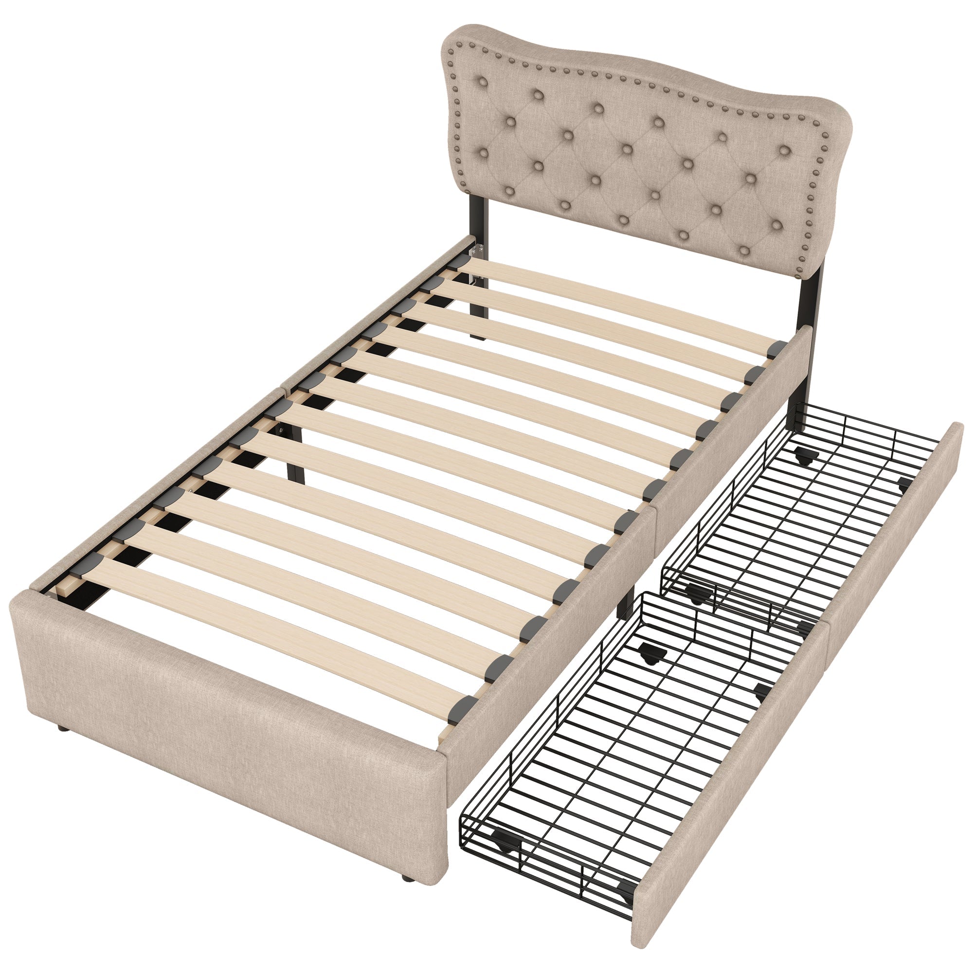 Upholstered Bed 90x200cm Flat Double Drawers Studded Headboard - Dark Beige