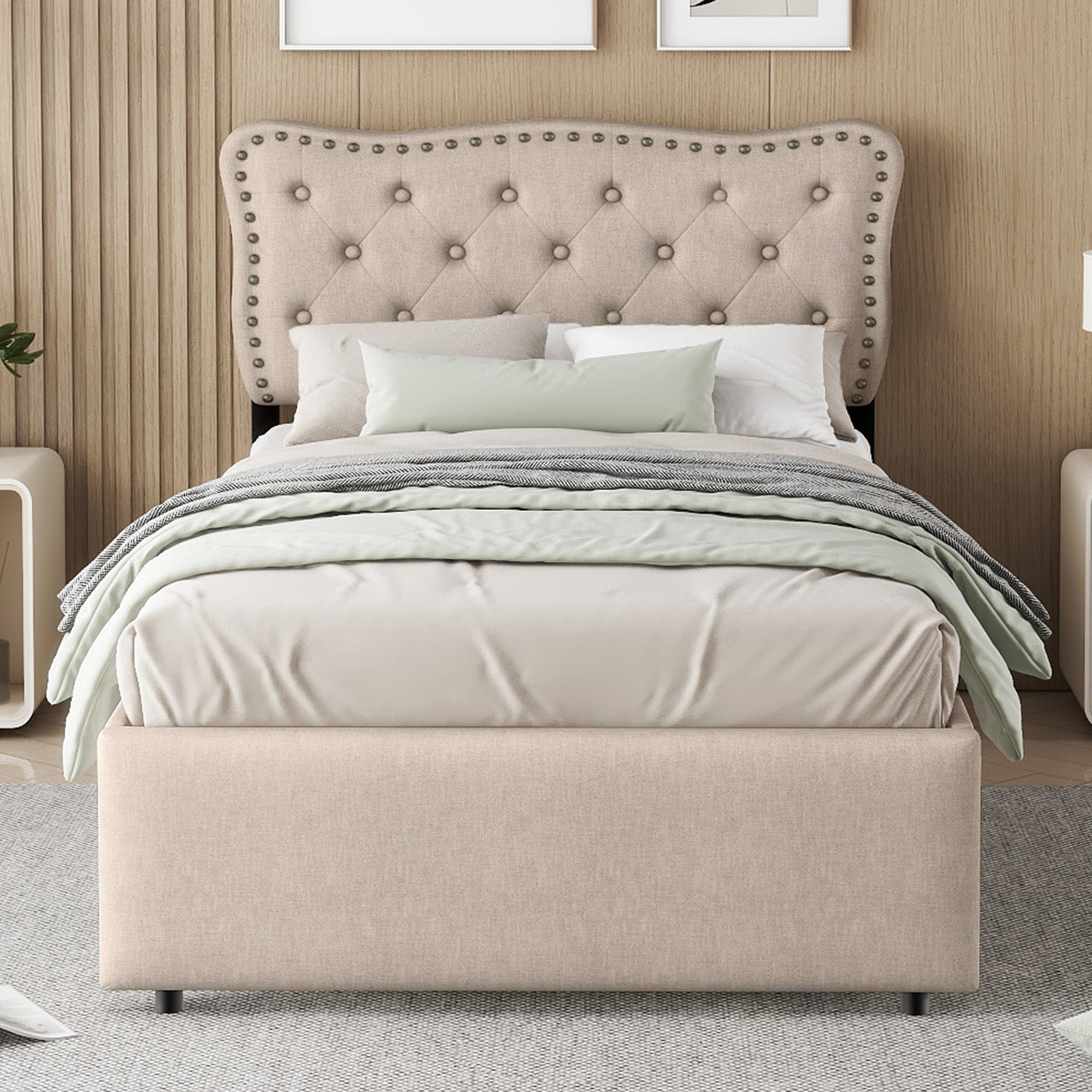 Upholstered Bed 90x200cm Flat Double Drawers Studded Headboard - Dark Beige