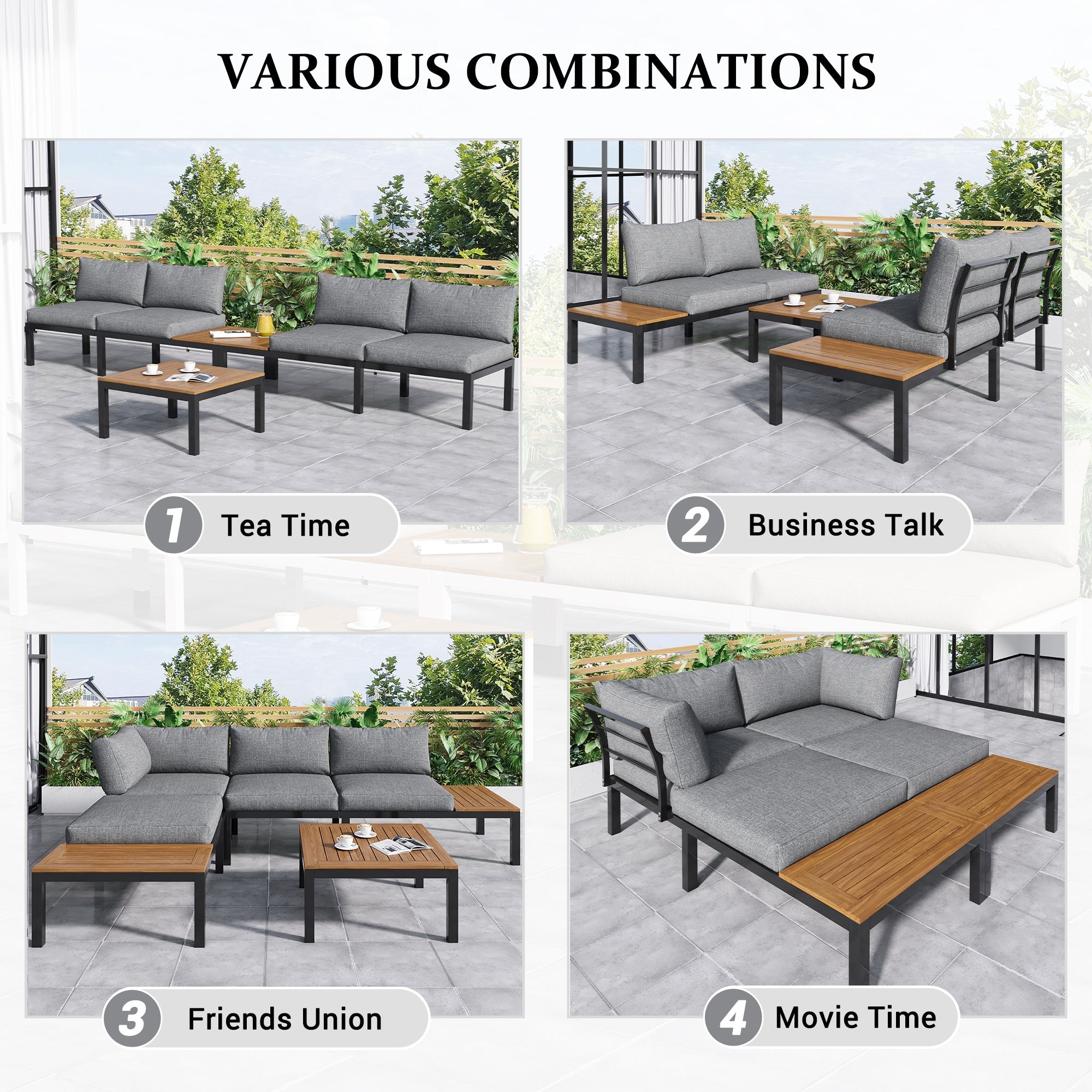 Garden Lounge Set 5-Piece Acacia Wood Table Fabric Backrest - Grey