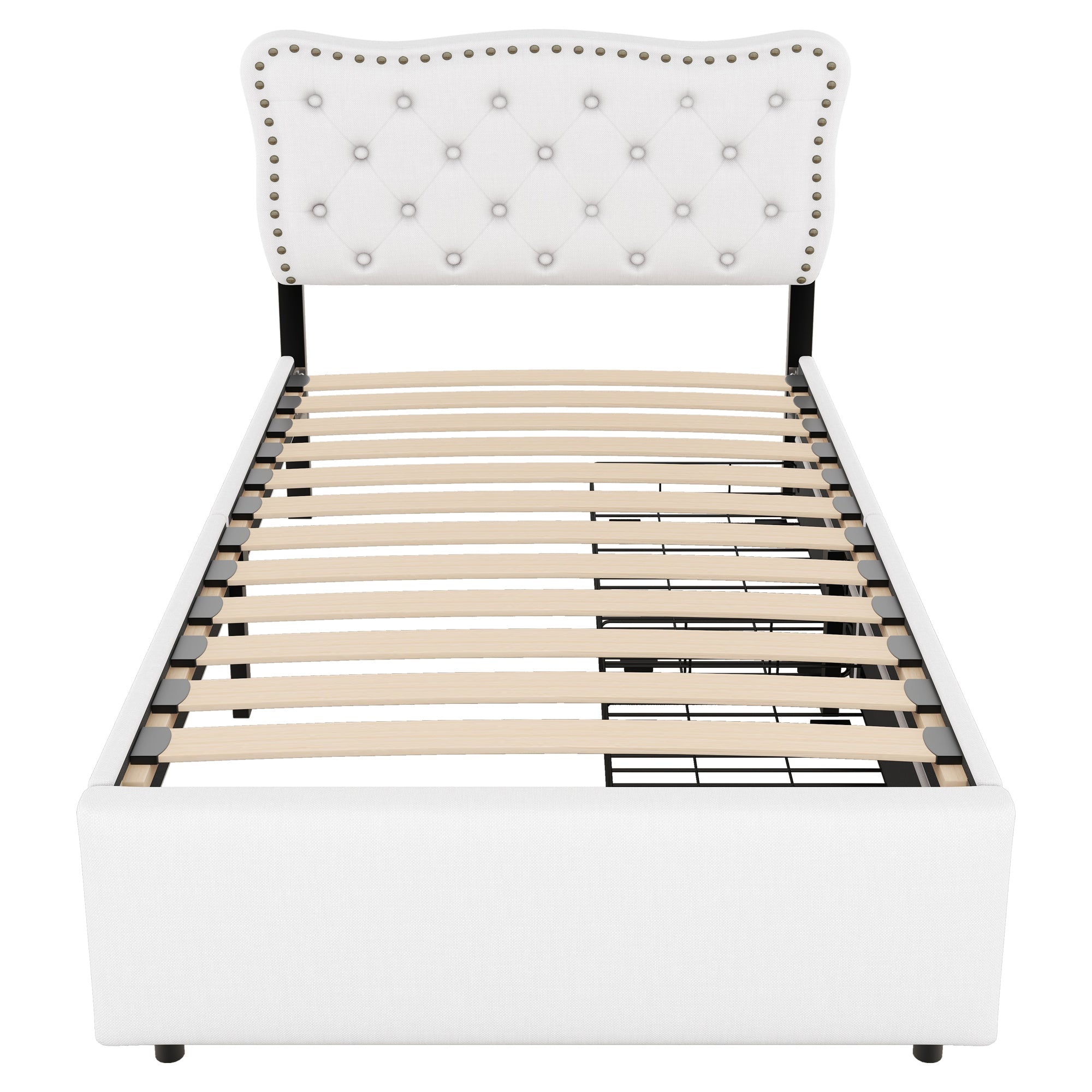 Upholstered Bed 90x200cm Decorative Studs Double Drawers - Light Beige