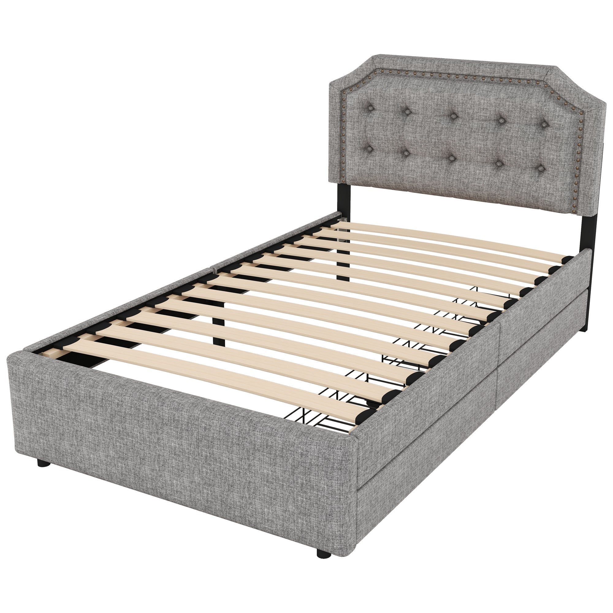 Upholstered Flat Bed 90x200cm Decorative Studs Double Drawers - Grey