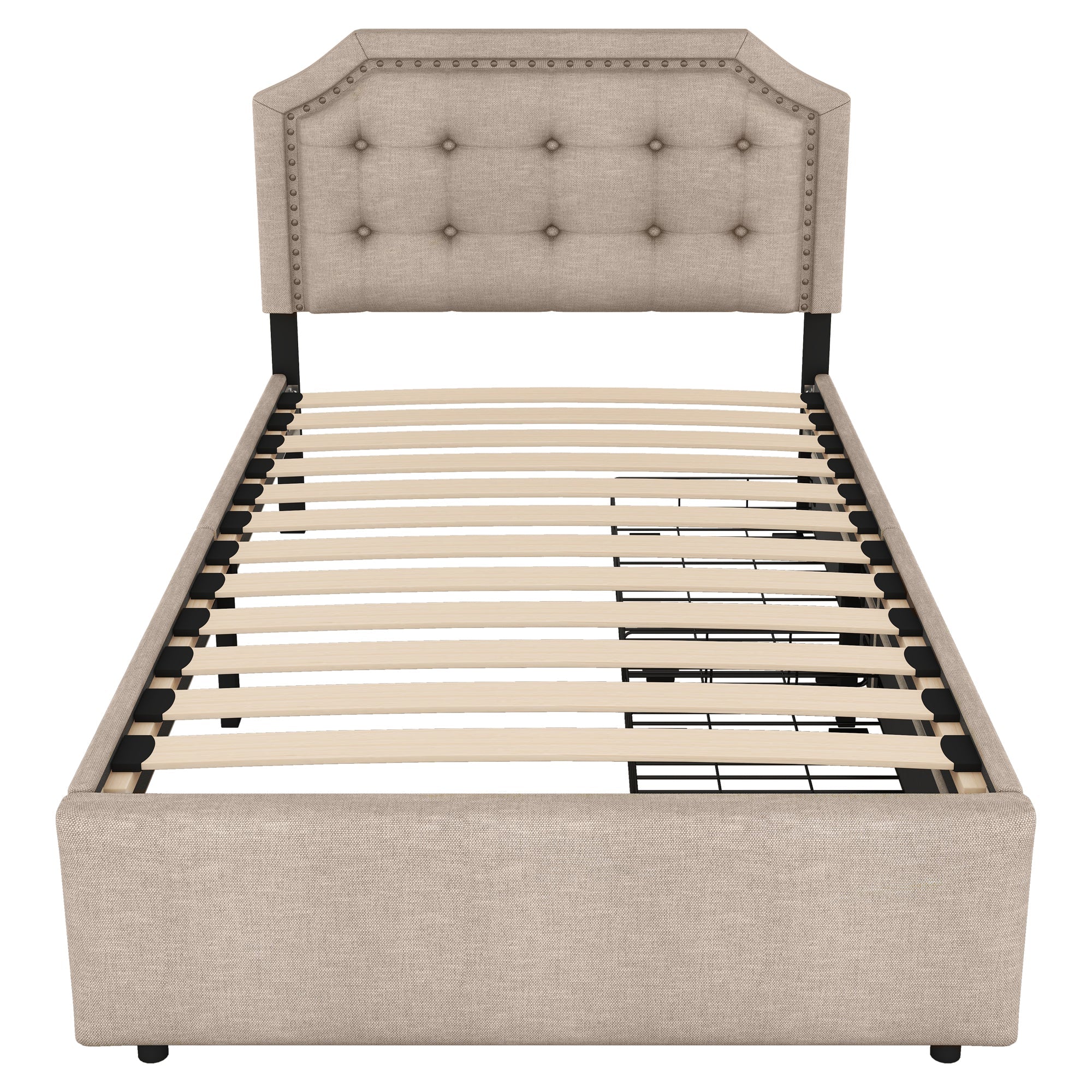 Upholstered Bed 90x200cm Flat Double Drawers Decorative Studs Dark Beige