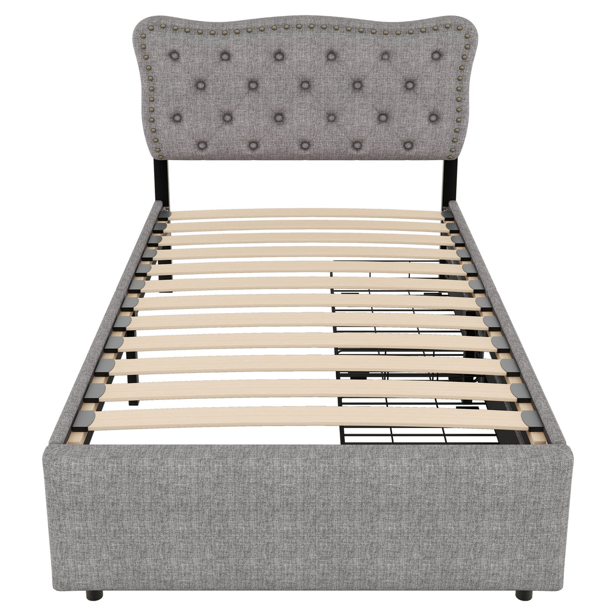 Upholstered Flat Bed 90x200cm Decorative Studs Double Drawers - Grey