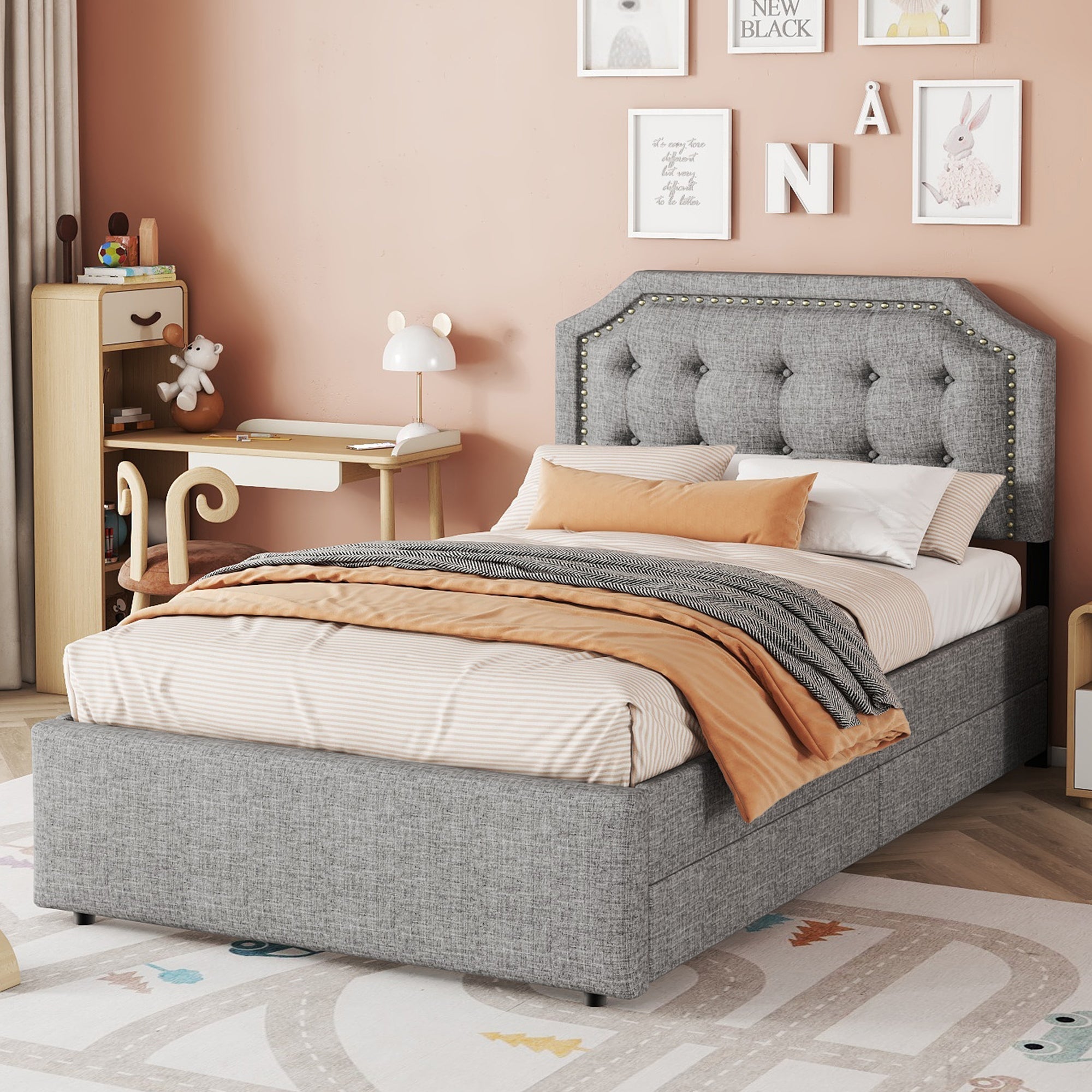 Flat Bed 90x200cm, Upholstered with Decorative Studs, Double Drawers, Grey