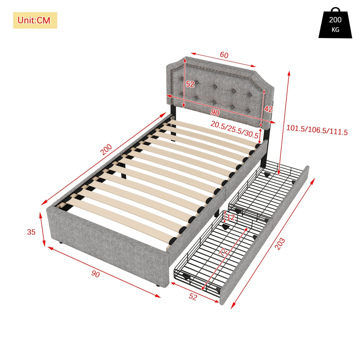 Upholstered Flat Bed 90x200cm Decorative Studs Double Drawers - Grey