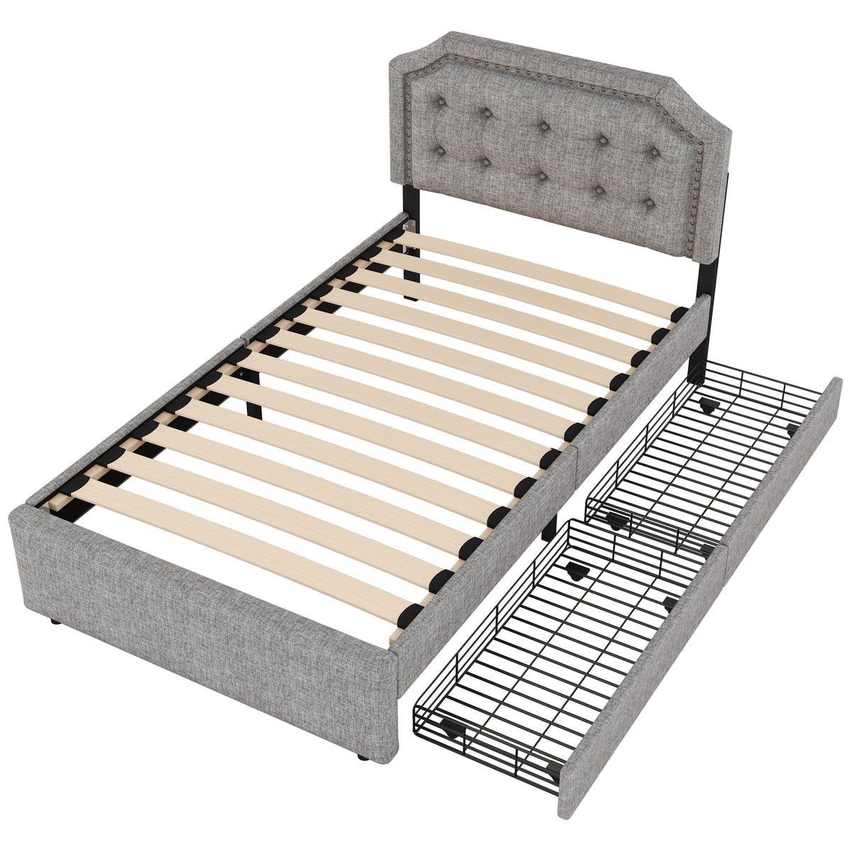 Upholstered Flat Bed 90x200cm Decorative Studs Double Drawers - Grey