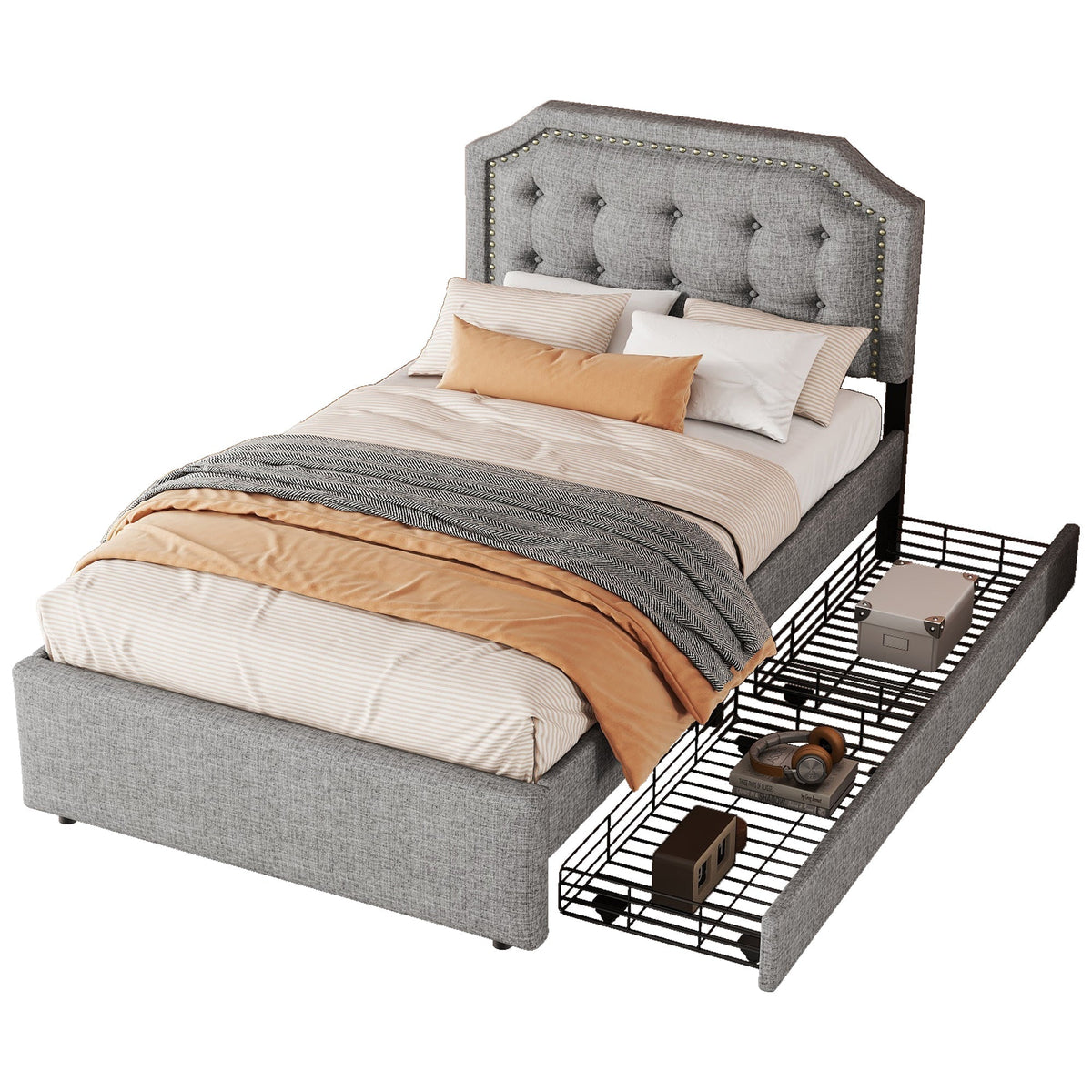 Upholstered Flat Bed 90x200cm Decorative Studs Double Drawers - Grey