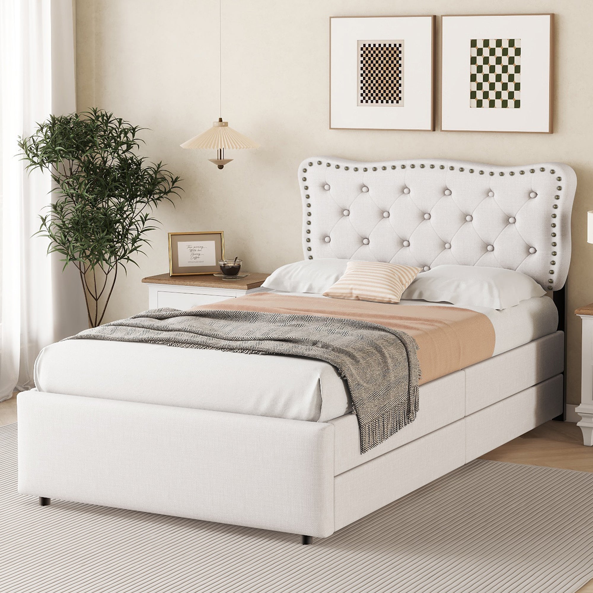 Upholstered Bed 90x200cm Decorative Studs Double Drawers - Light Beige