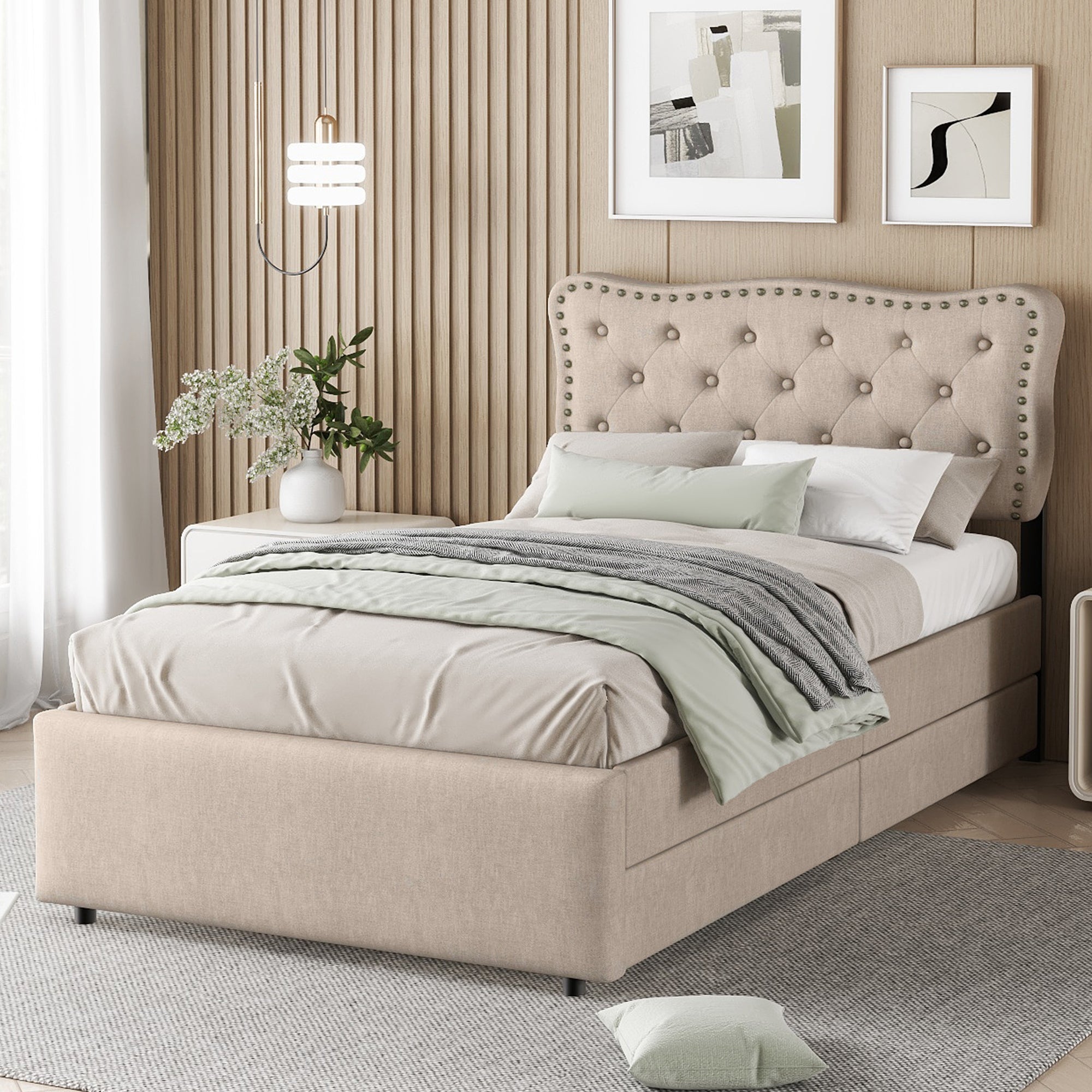 Upholstered Bed 90x200cm Flat Double Drawers Studded Headboard - Dark Beige