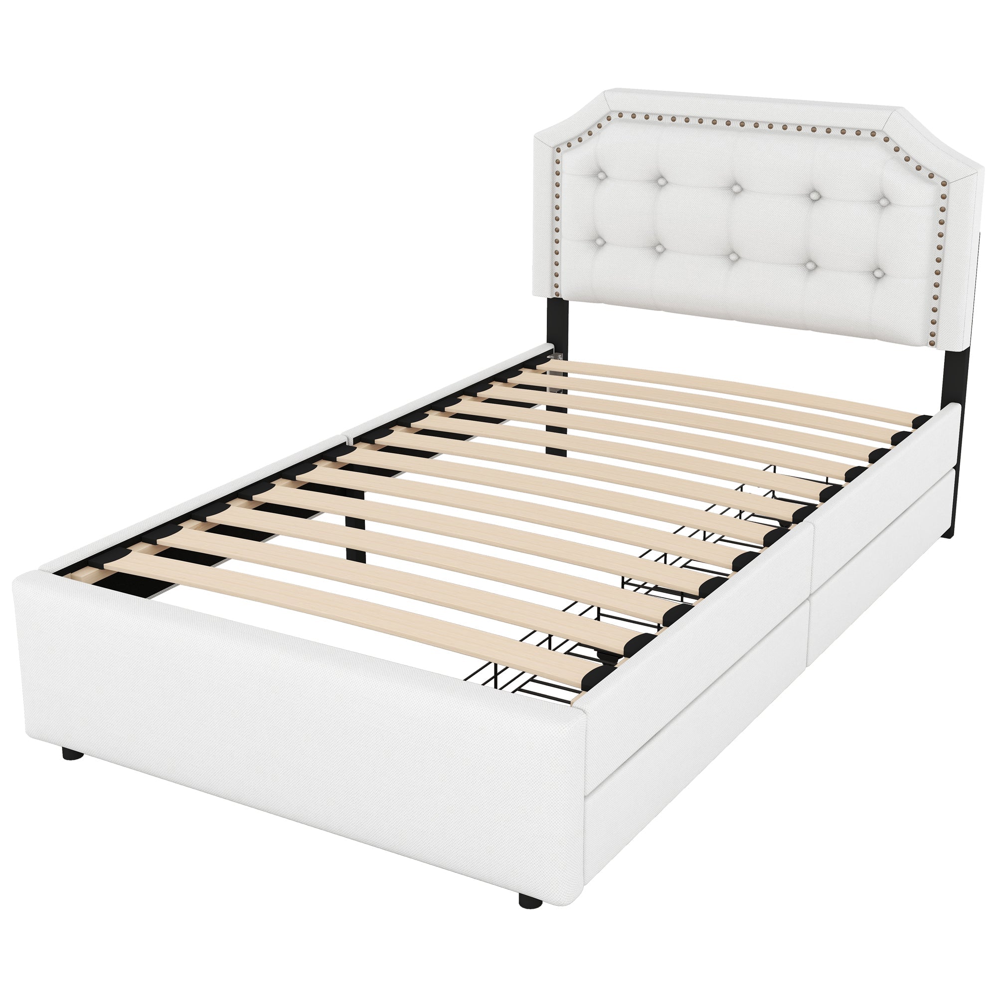 Upholstered Flat Bed 90x200cm Decorative Studs Double Drawers Light Beige