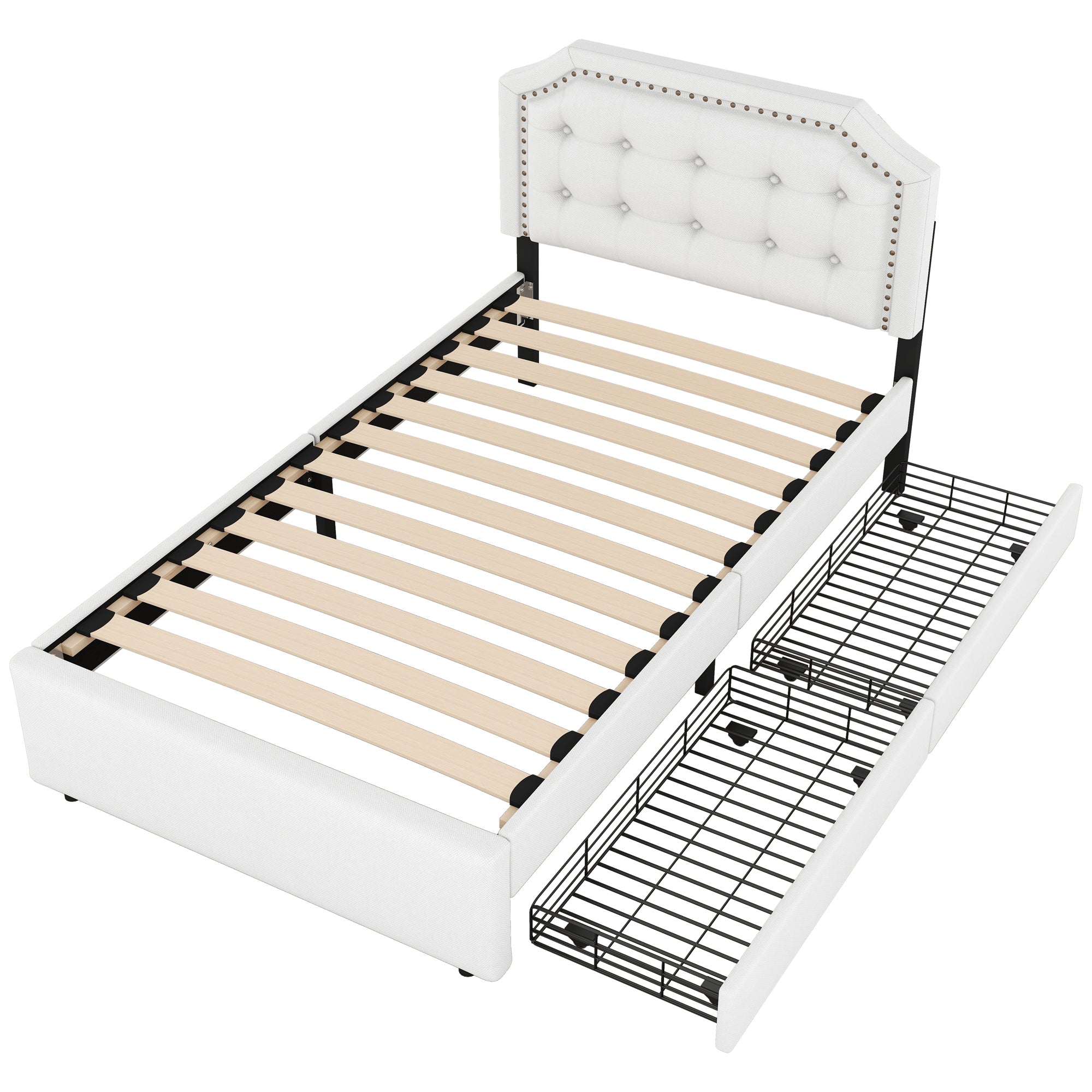 Upholstered Flat Bed 90x200cm Decorative Studs Double Drawers Light Beige