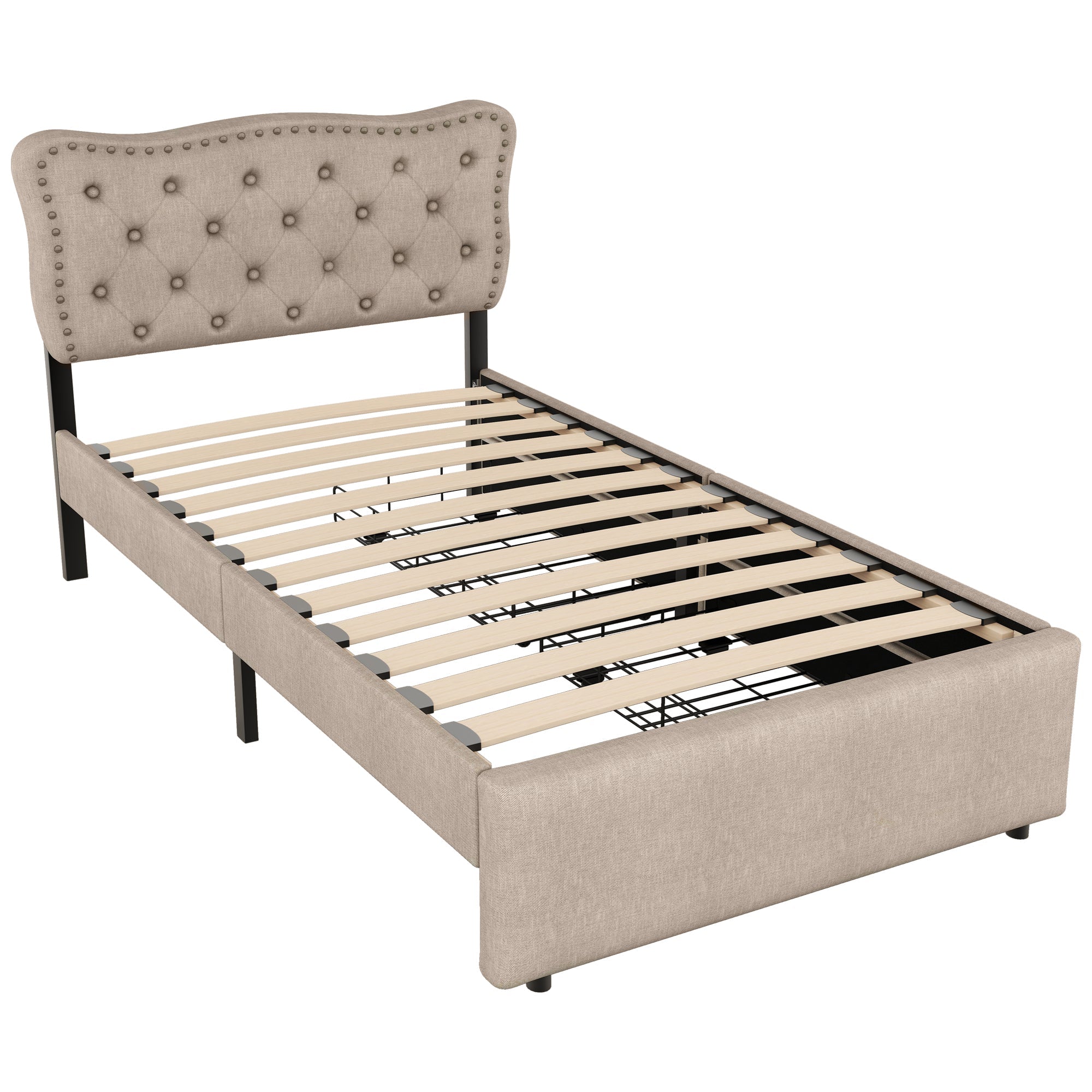 Upholstered Bed 90x200cm Flat Double Drawers Studded Headboard - Dark Beige