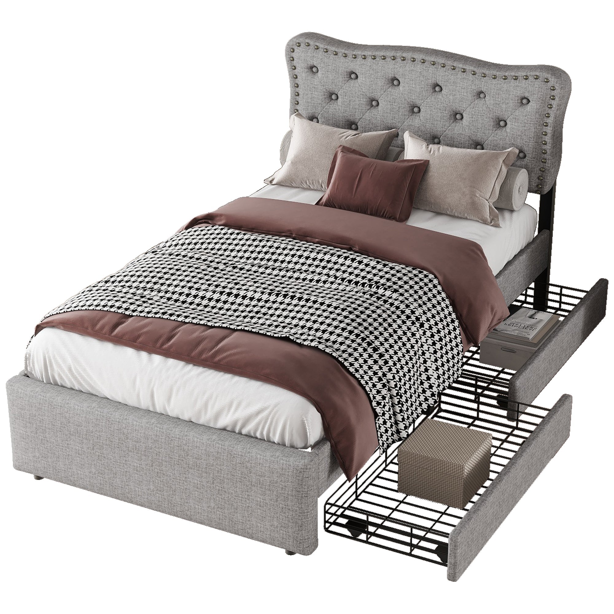 Upholstered Flat Bed 90x200cm Decorative Studs Double Drawers - Grey