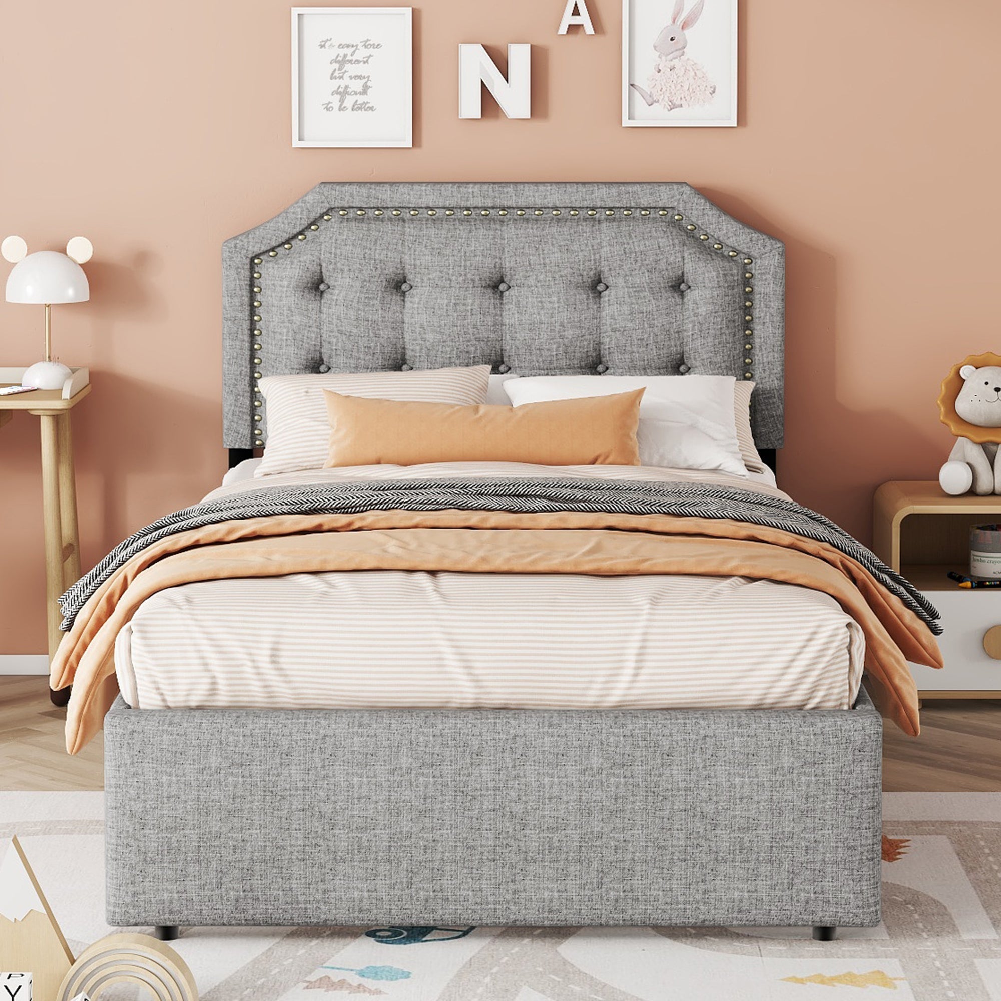 Flat Bed 90x200cm, Upholstered with Decorative Studs, Double Drawers, Grey