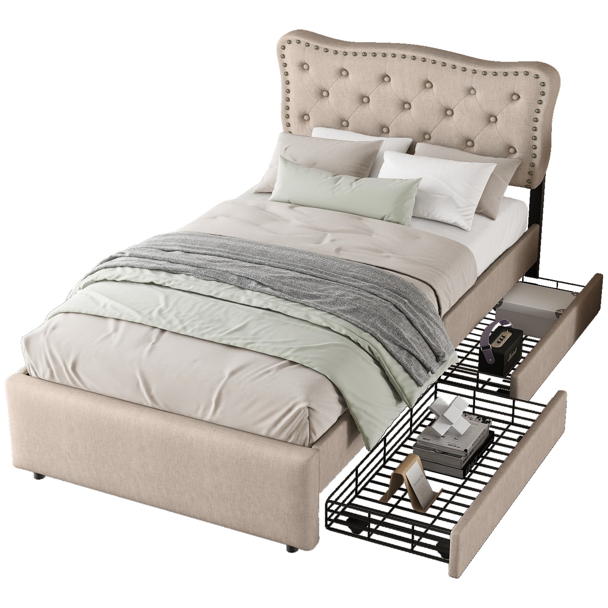 Upholstered Bed 90x200cm Flat Double Drawers Studded Headboard - Dark Beige