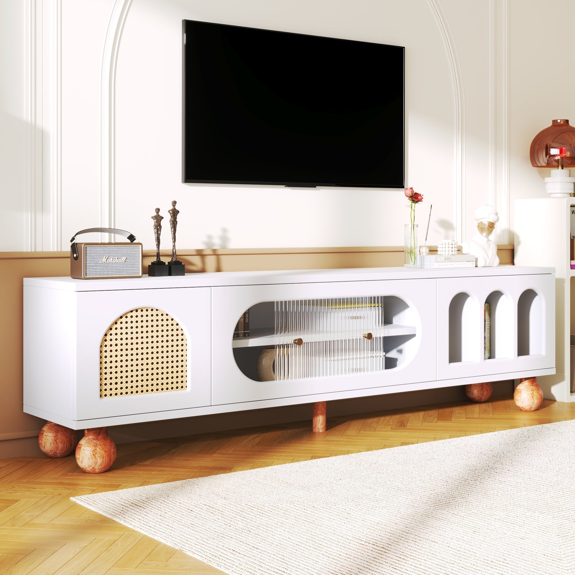 TV Cabinet, Rattan-like Sliding Glass Door, Gold Handles, Wood