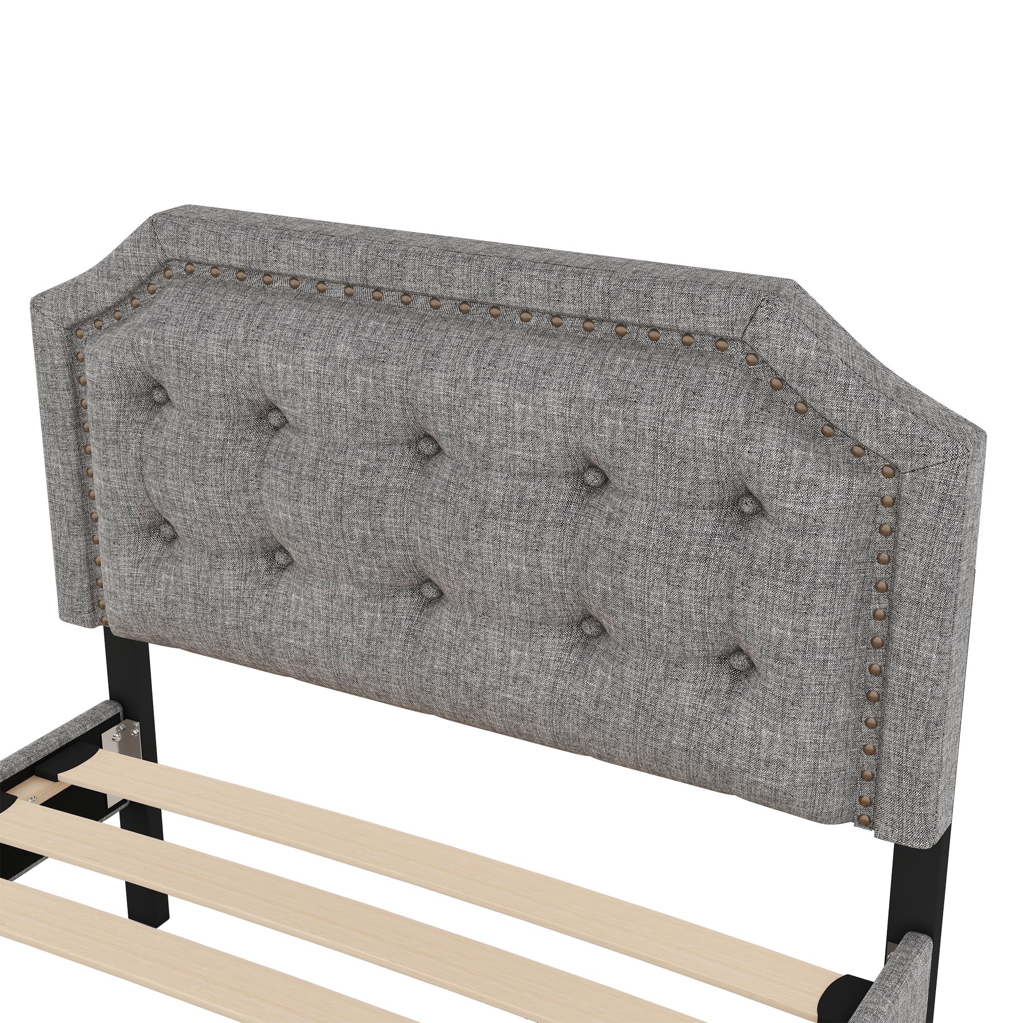 Upholstered Flat Bed 90x200cm Decorative Studs Double Drawers - Grey