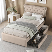 Upholstered Bed 90x200cm Flat Double Drawers Studded Headboard - Dark Beige