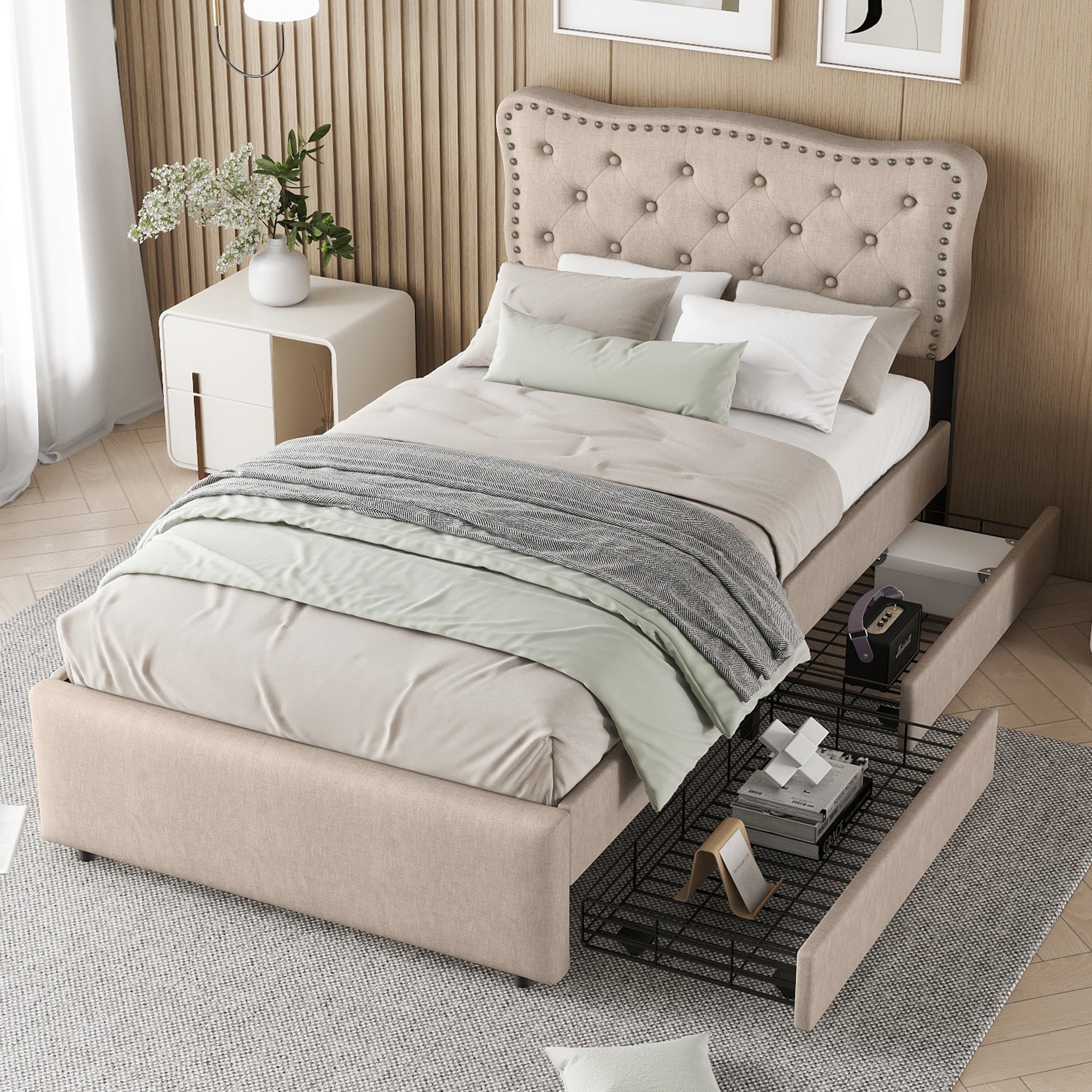 Upholstered Bed 90x200cm Flat Double Drawers Studded Headboard - Dark Beige