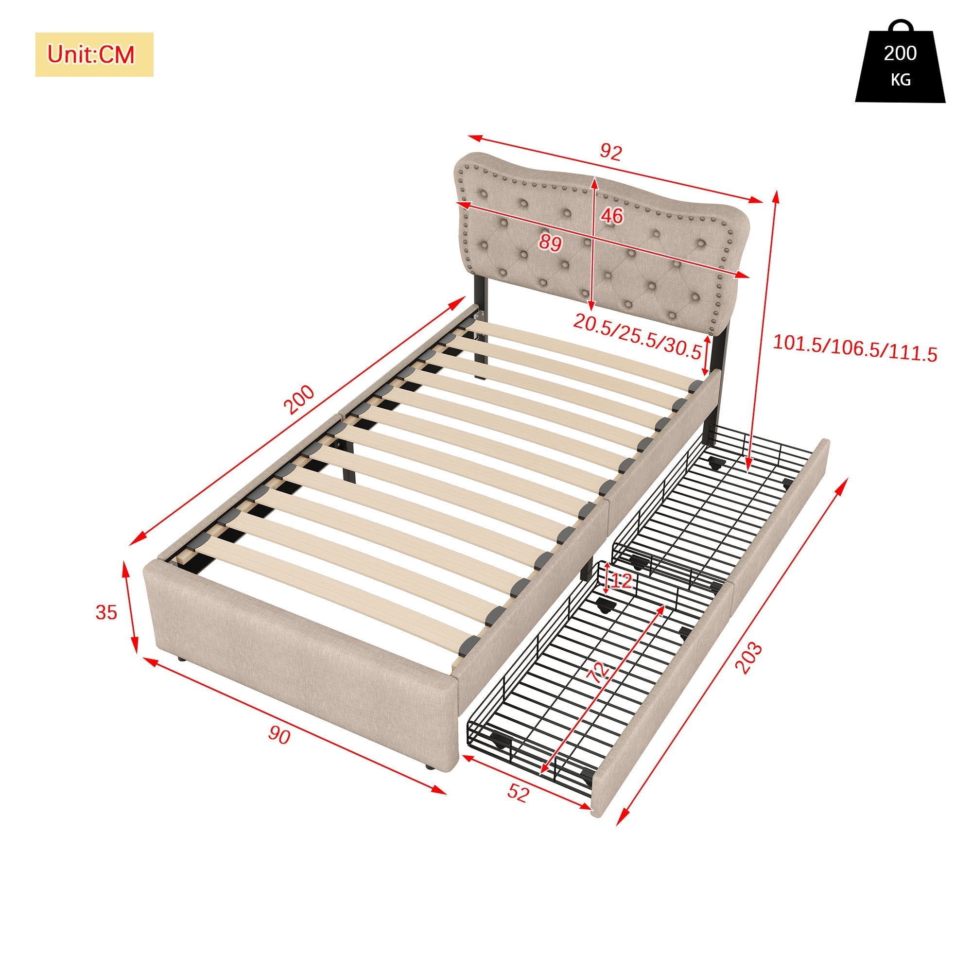 Upholstered Bed 90x200cm Flat Double Drawers Studded Headboard - Dark Beige
