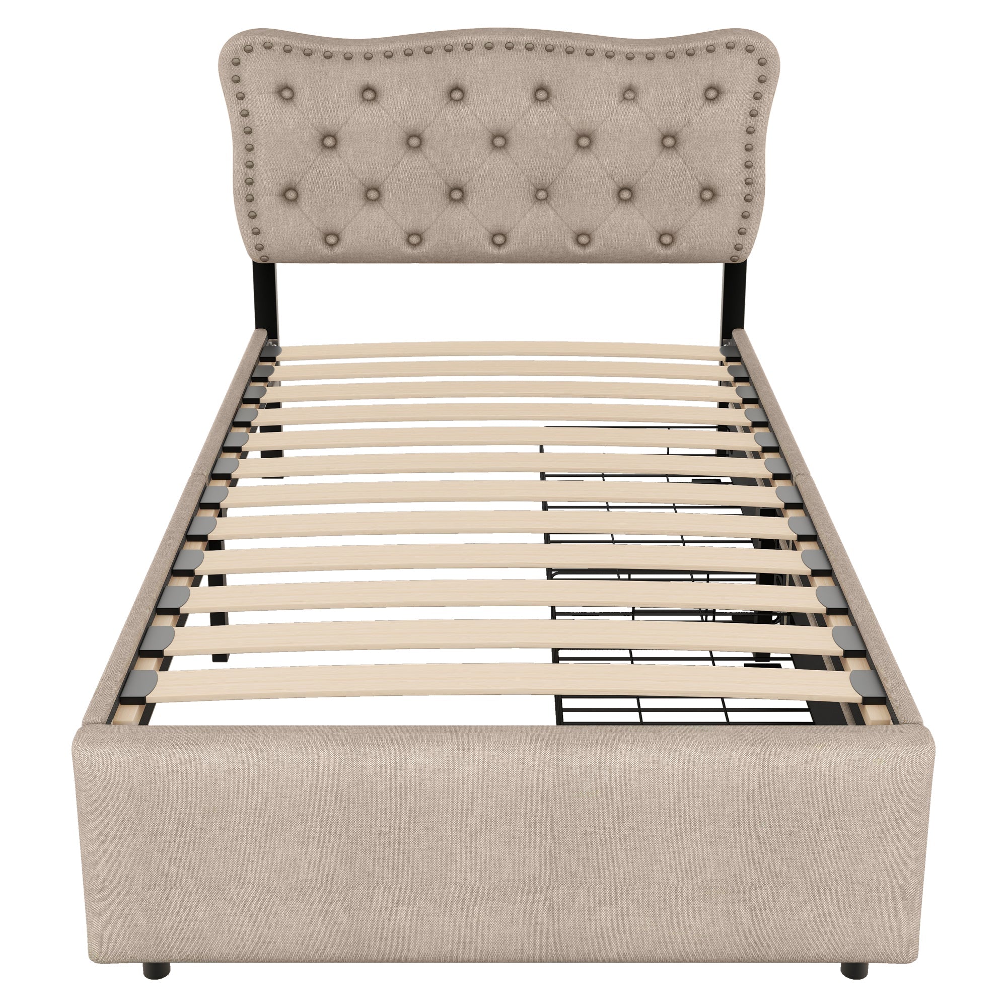 Upholstered Bed 90x200cm Flat Double Drawers Studded Headboard - Dark Beige