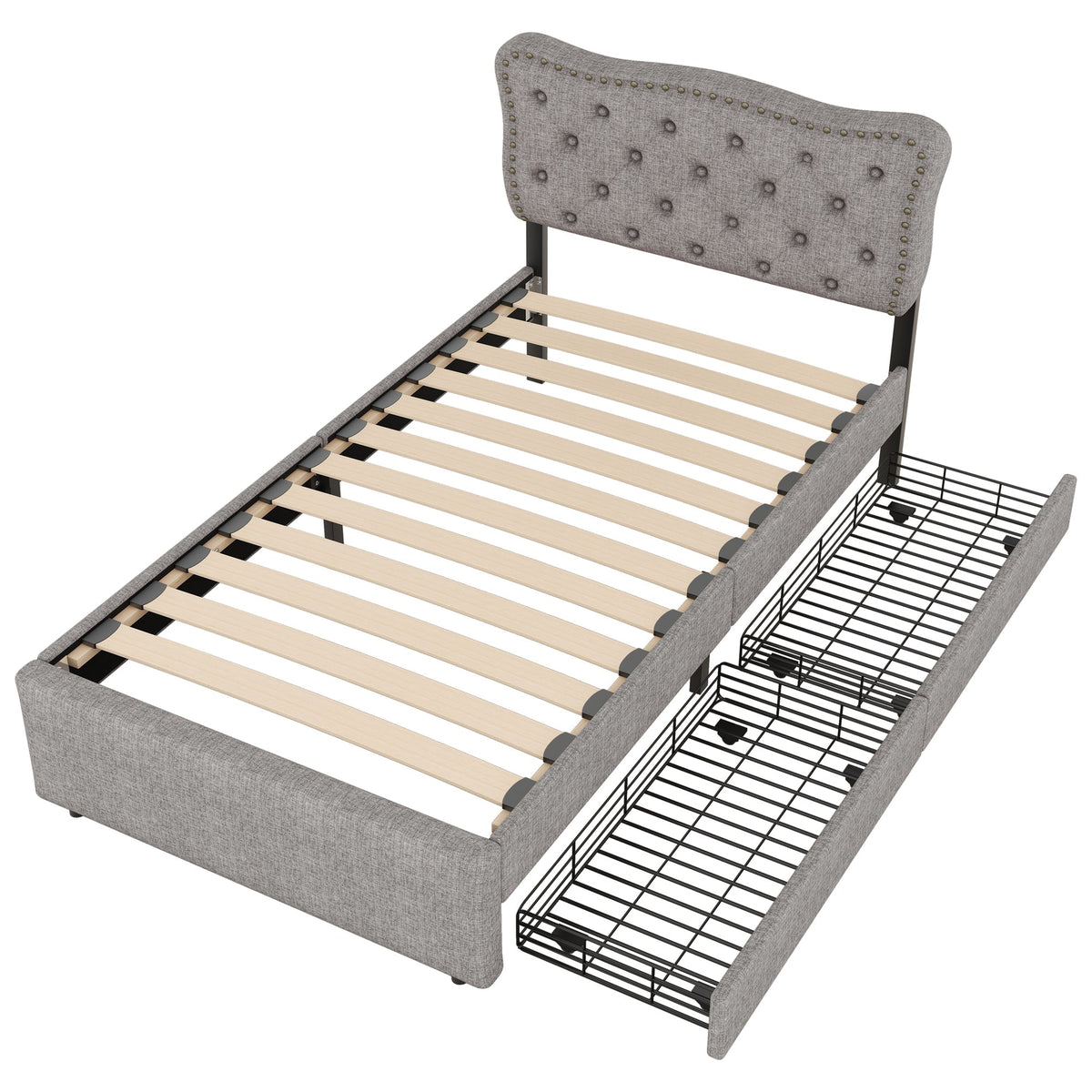Upholstered Flat Bed 90x200cm Decorative Studs Double Drawers - Grey