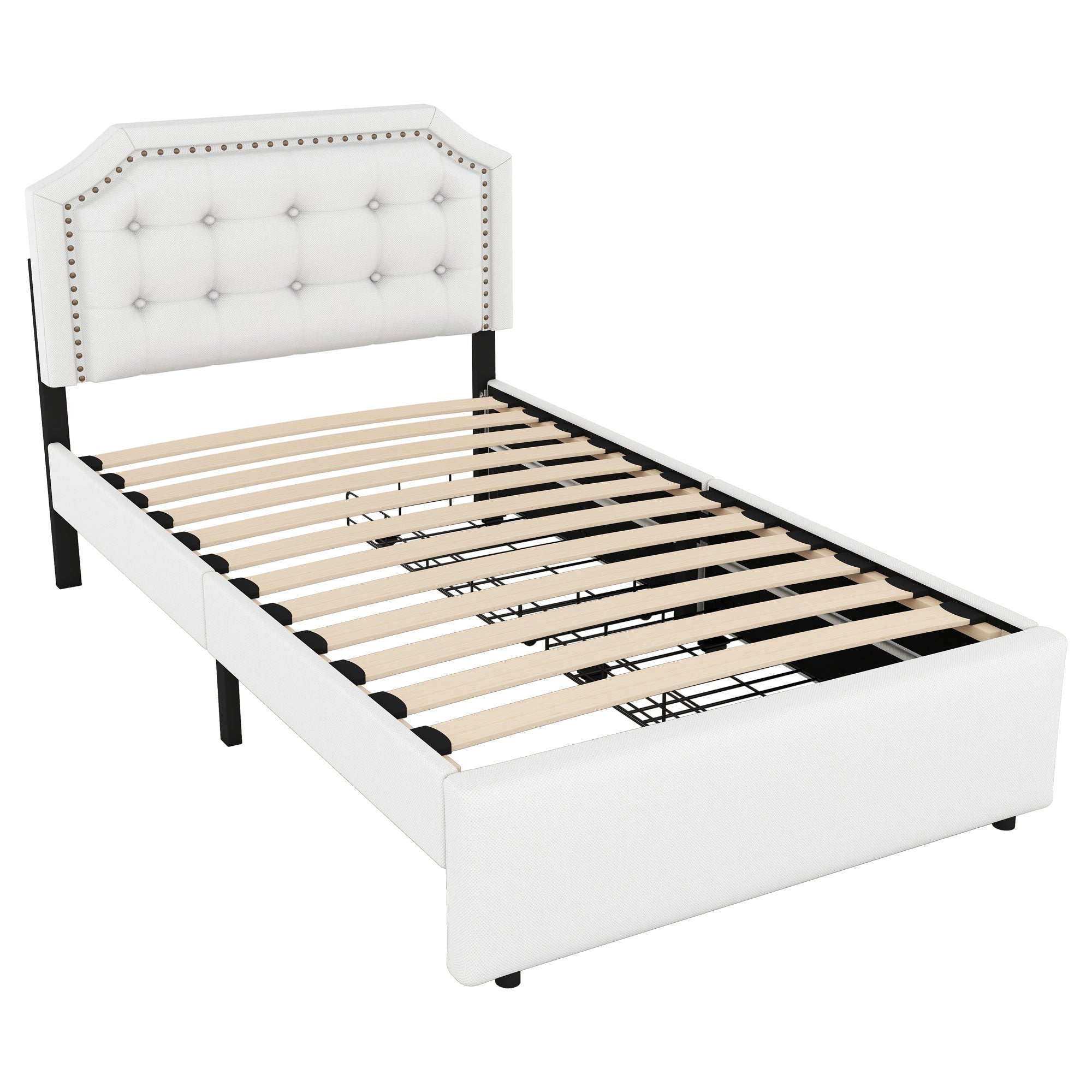 Upholstered Flat Bed 90x200cm Decorative Studs Double Drawers Light Beige