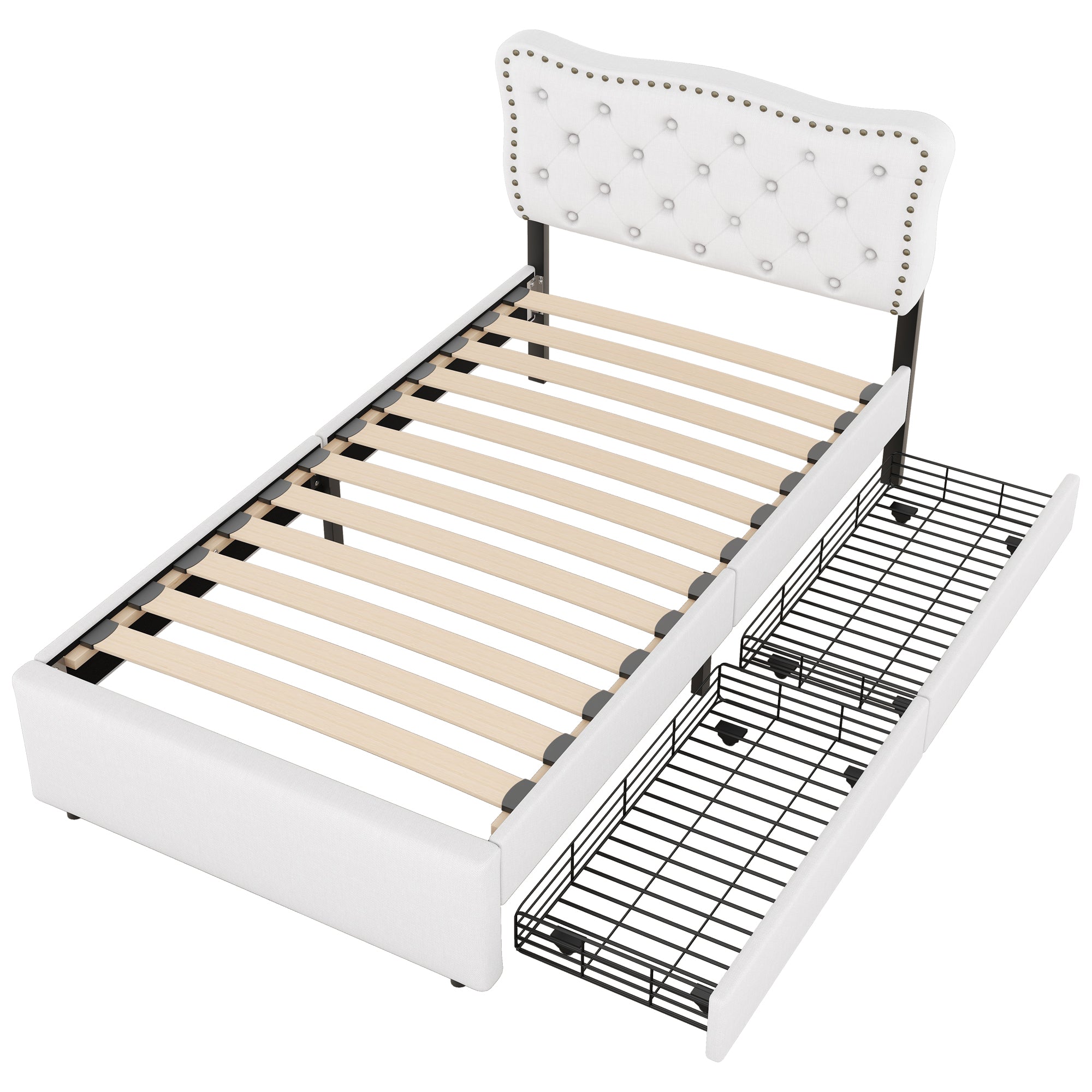 Upholstered Bed 90x200cm Decorative Studs Double Drawers - Light Beige