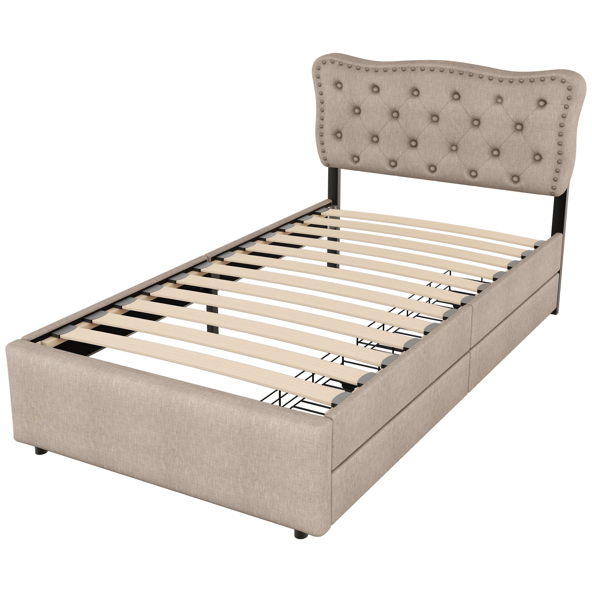 Upholstered Bed 90x200cm Flat Double Drawers Studded Headboard - Dark Beige