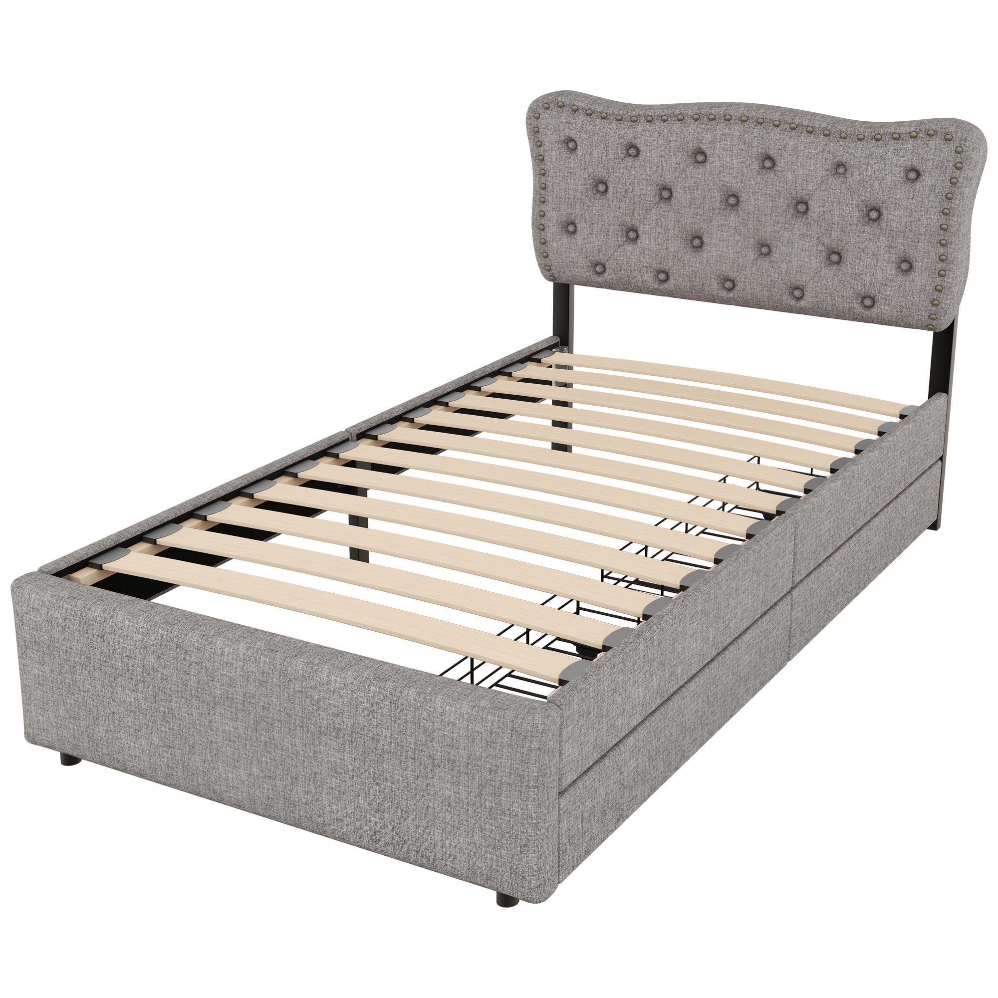 Upholstered Flat Bed 90x200cm Decorative Studs Double Drawers - Grey