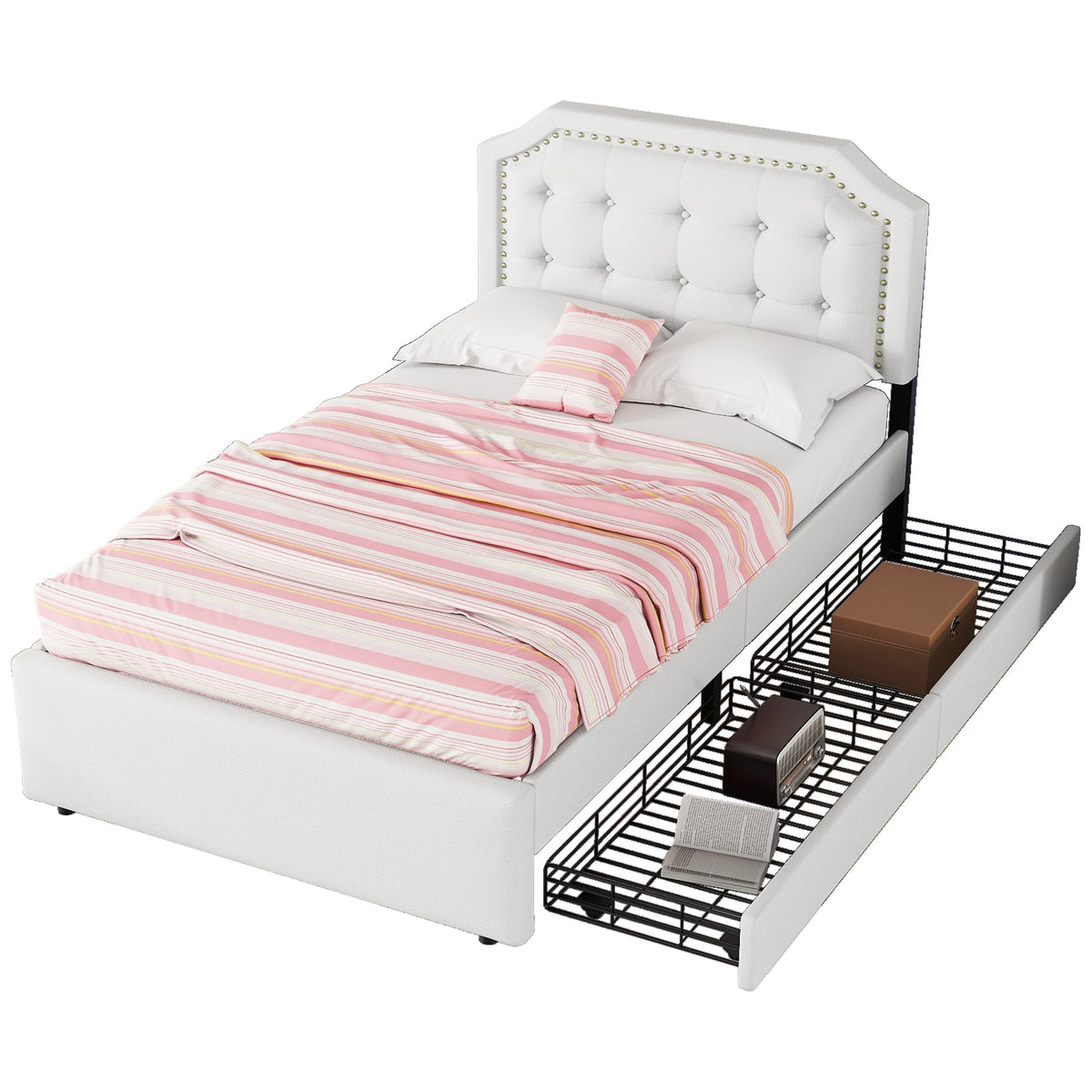 Upholstered Flat Bed 90x200cm Decorative Studs Double Drawers Light Beige