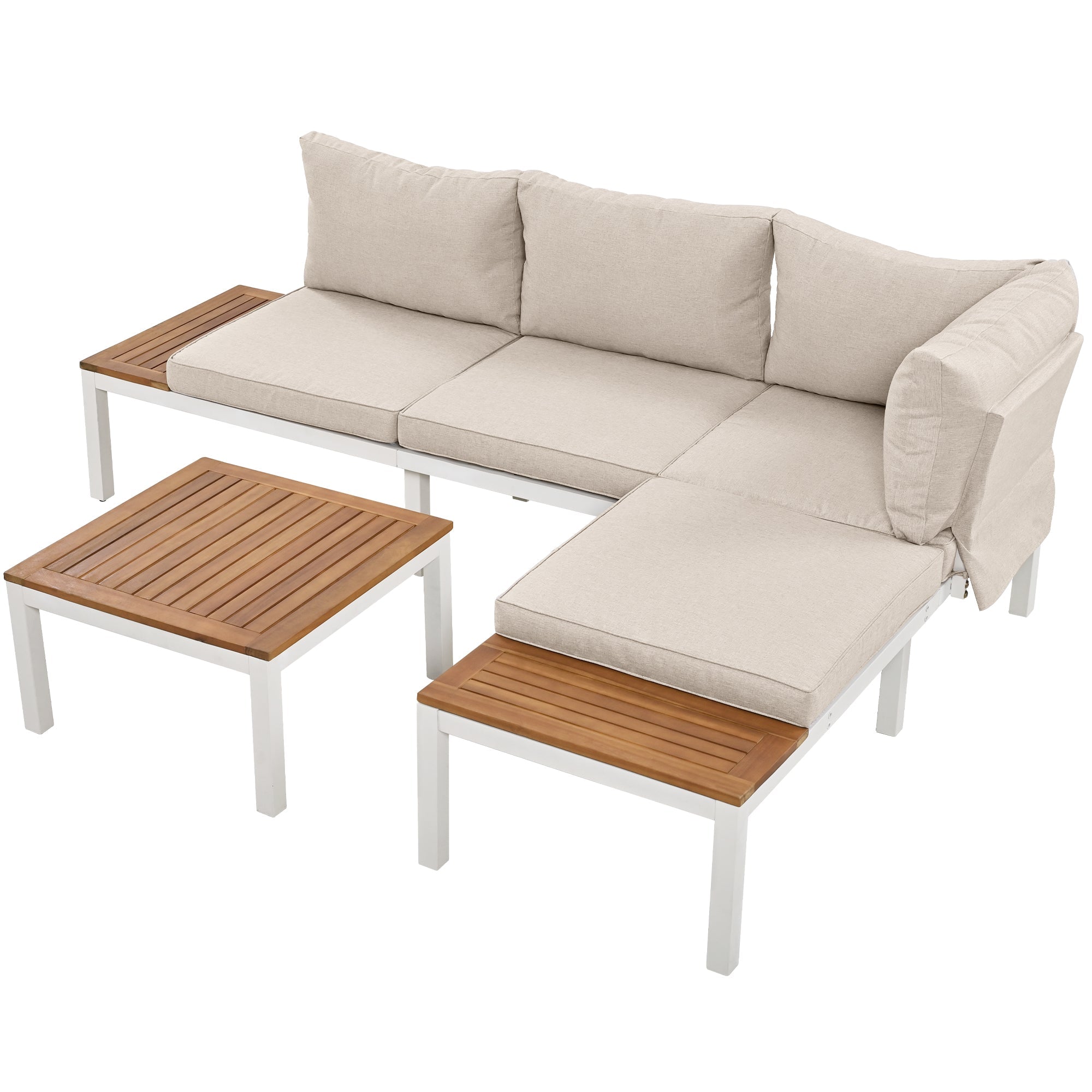Garden Lounge Chair Set, Galvanized Steel Frame with Acacia Wood Top, Beige