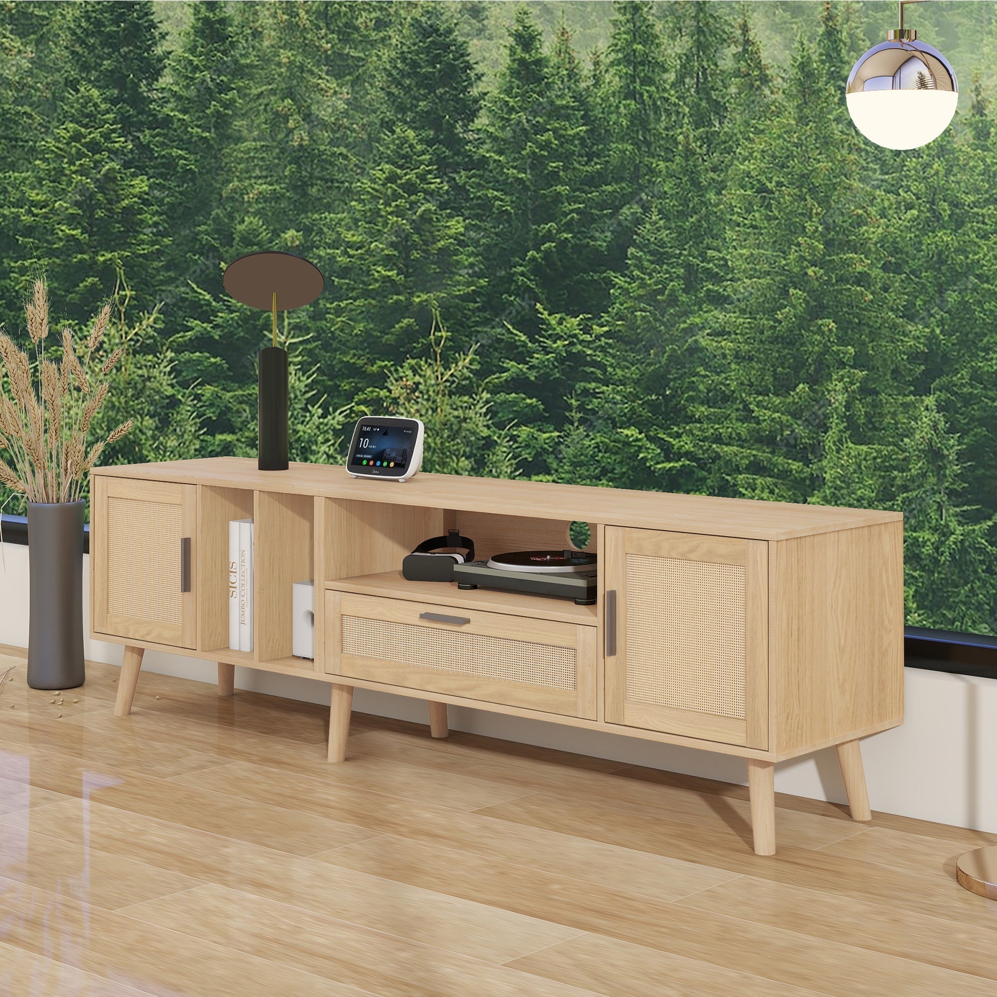 TV Cabinet, 180cm Rattan with 2 Doors & 1 Drawer, Solid Wood