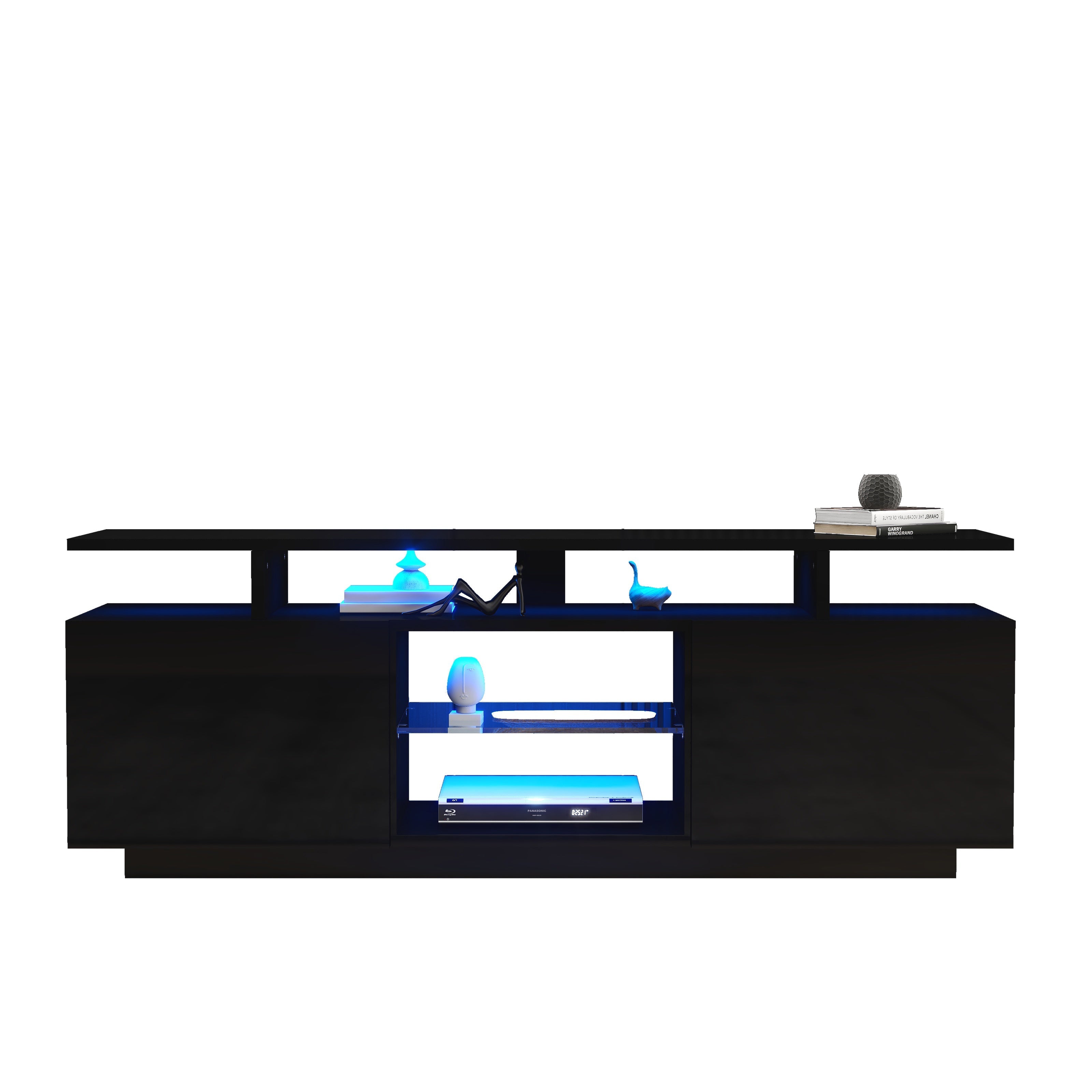 TV Cabinet 140cm 16-Color LED High-Gloss Glass Storage - Black