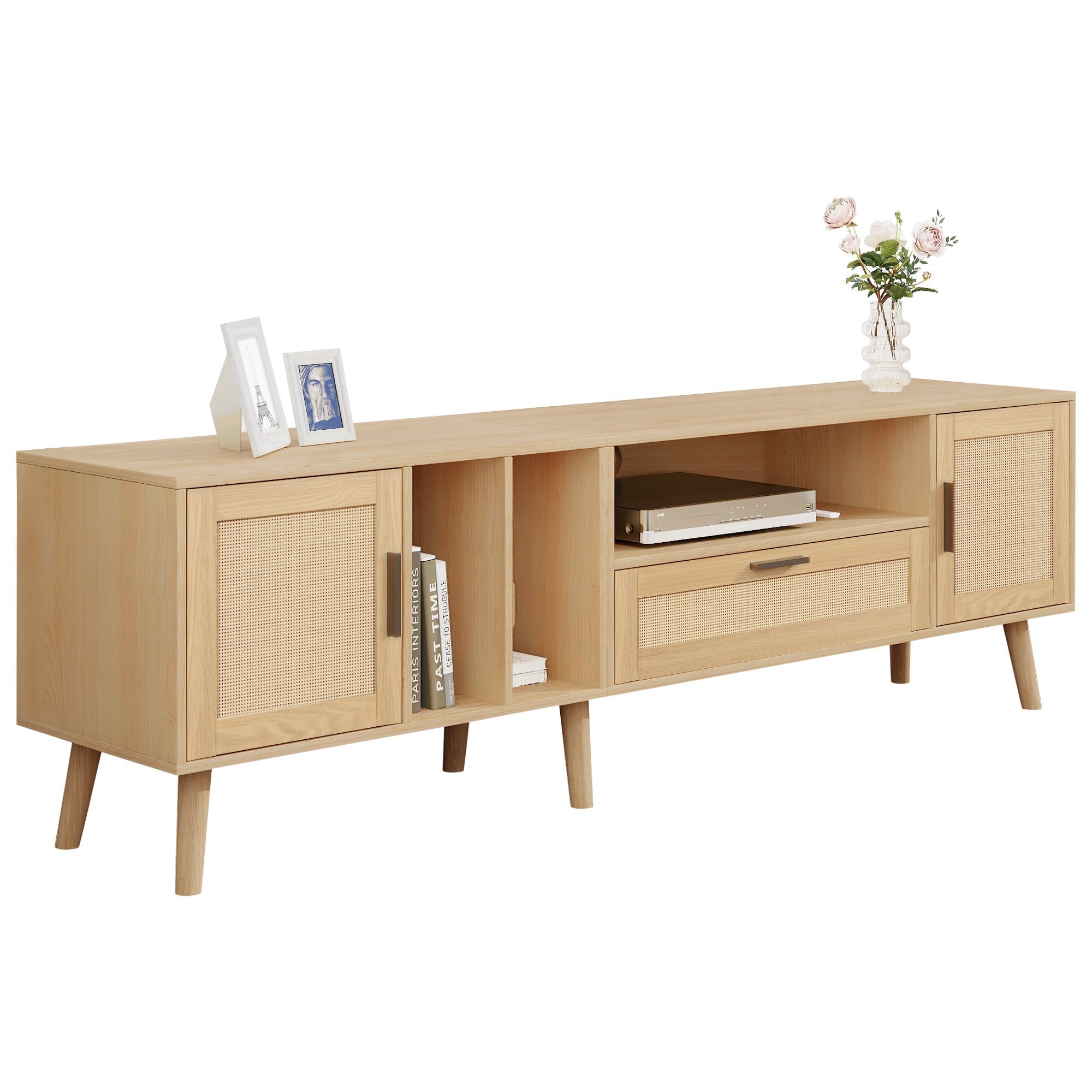TV Cabinet, 180cm Rattan with 2 Doors & 1 Drawer, Solid Wood
