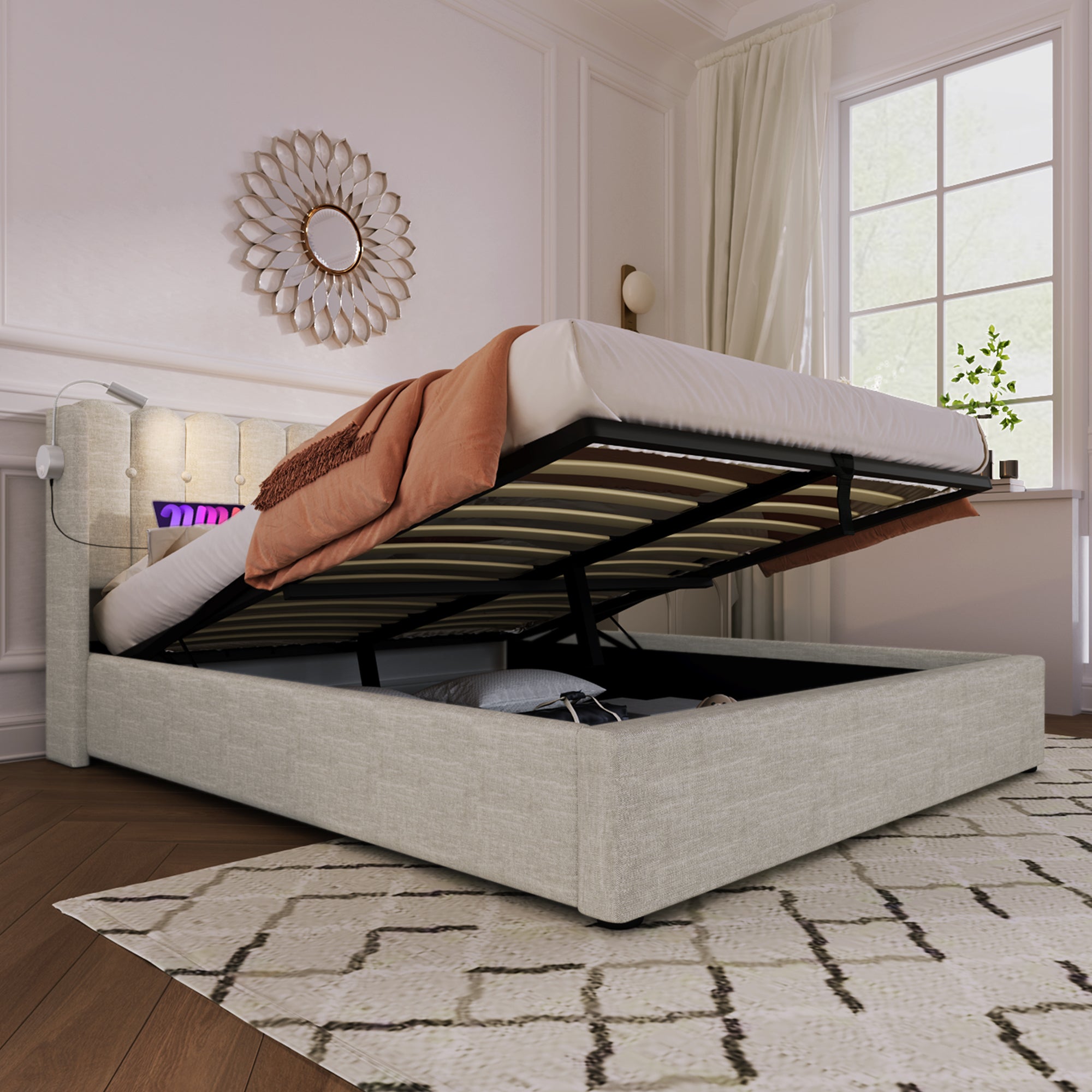 Upholstered Bed Double, Reading Light Storage Headboard, Linen Natural