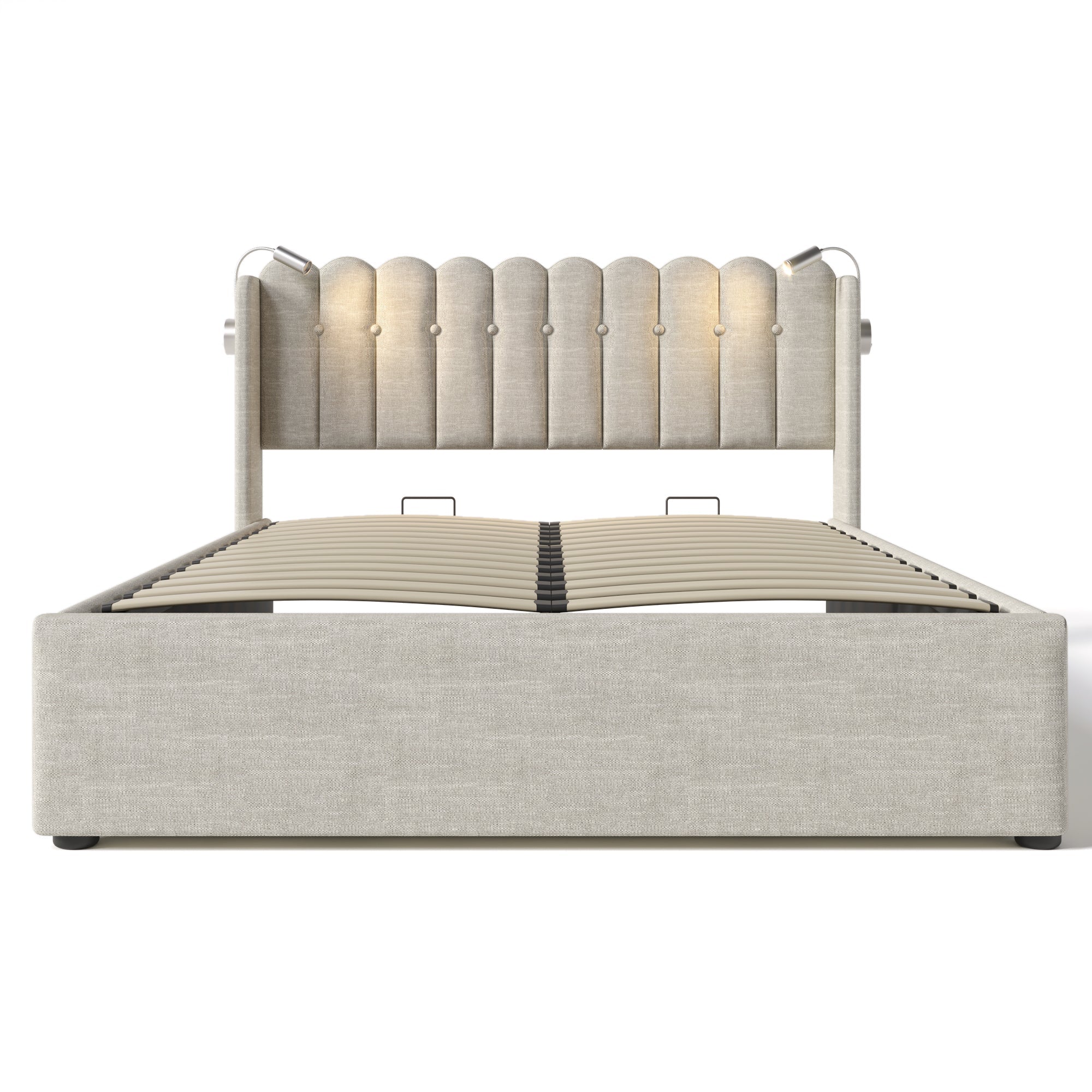 Upholstered Bed Double, Reading Light Storage Headboard, Linen Natural