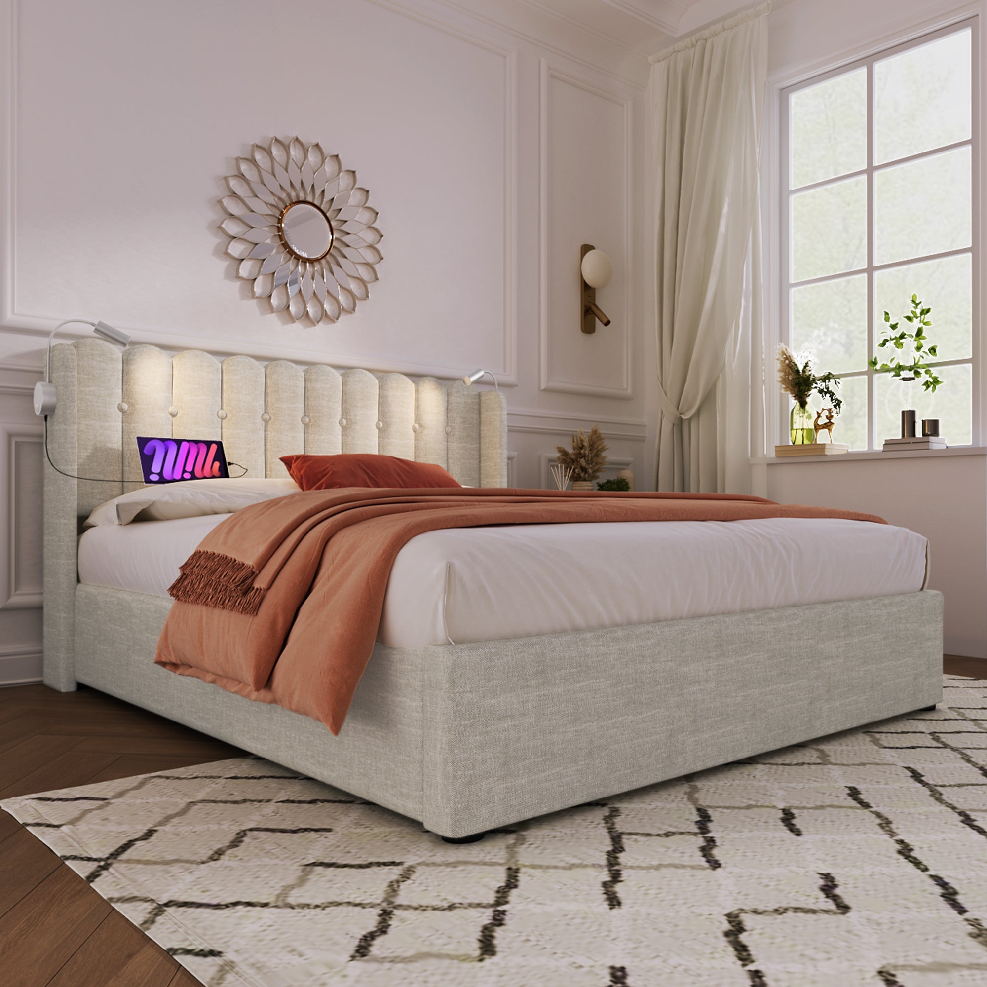 Upholstered Bed Double 140x200 with Reading Light, Storage, Slatted Frame, Natural Linen