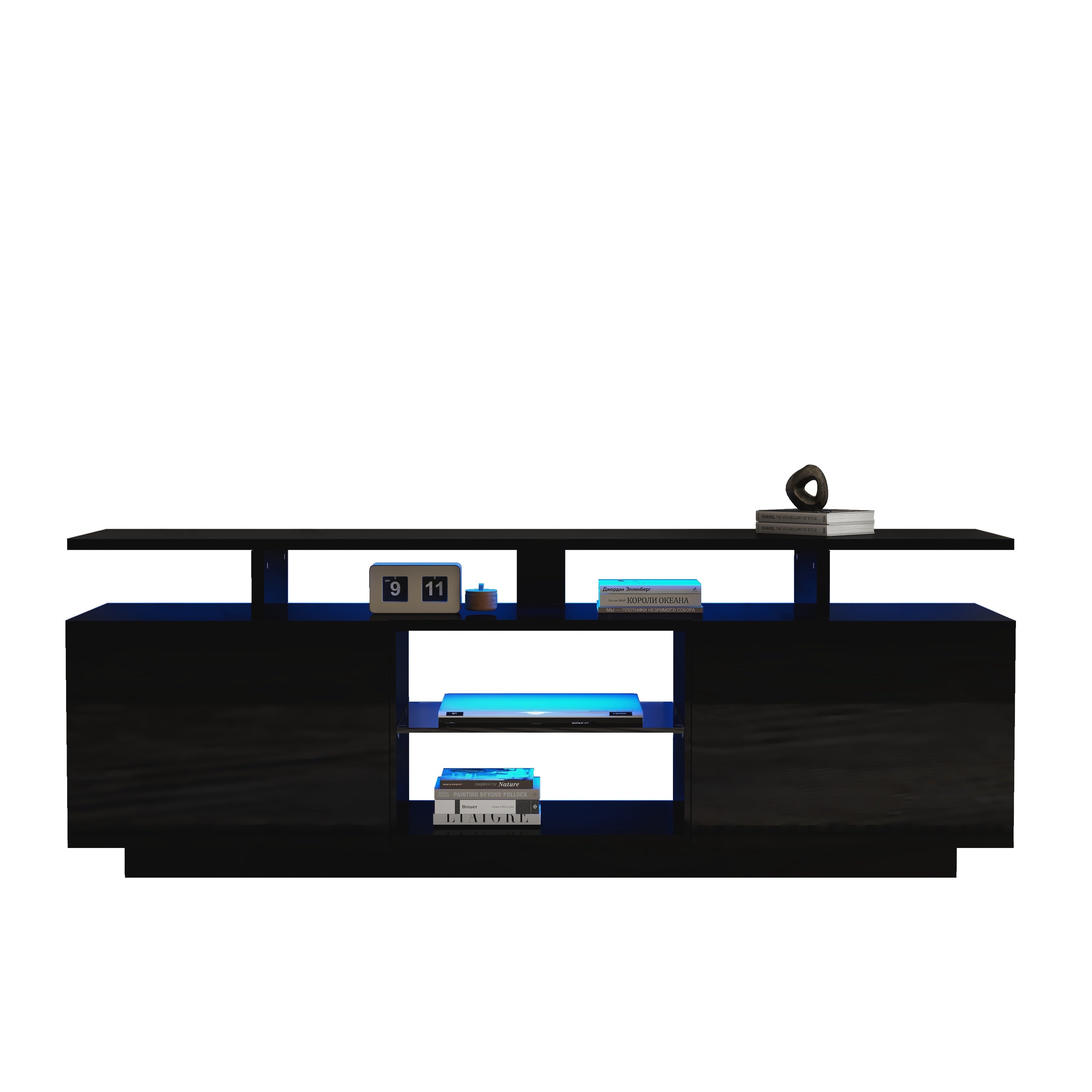 TV Cabinet 140cm 16-Color LED High-Gloss Glass Storage - Black