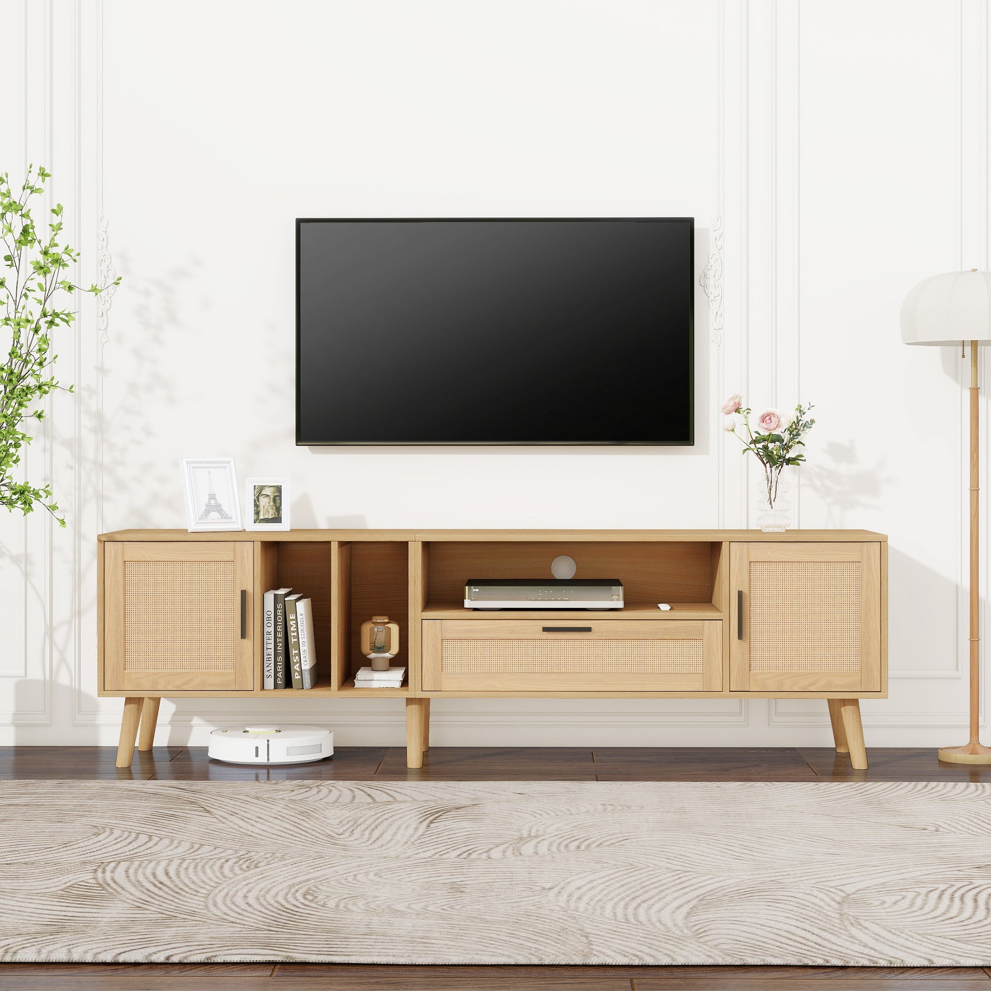 TV Cabinet, 180cm Rattan with 2 Doors & 1 Drawer, Solid Wood