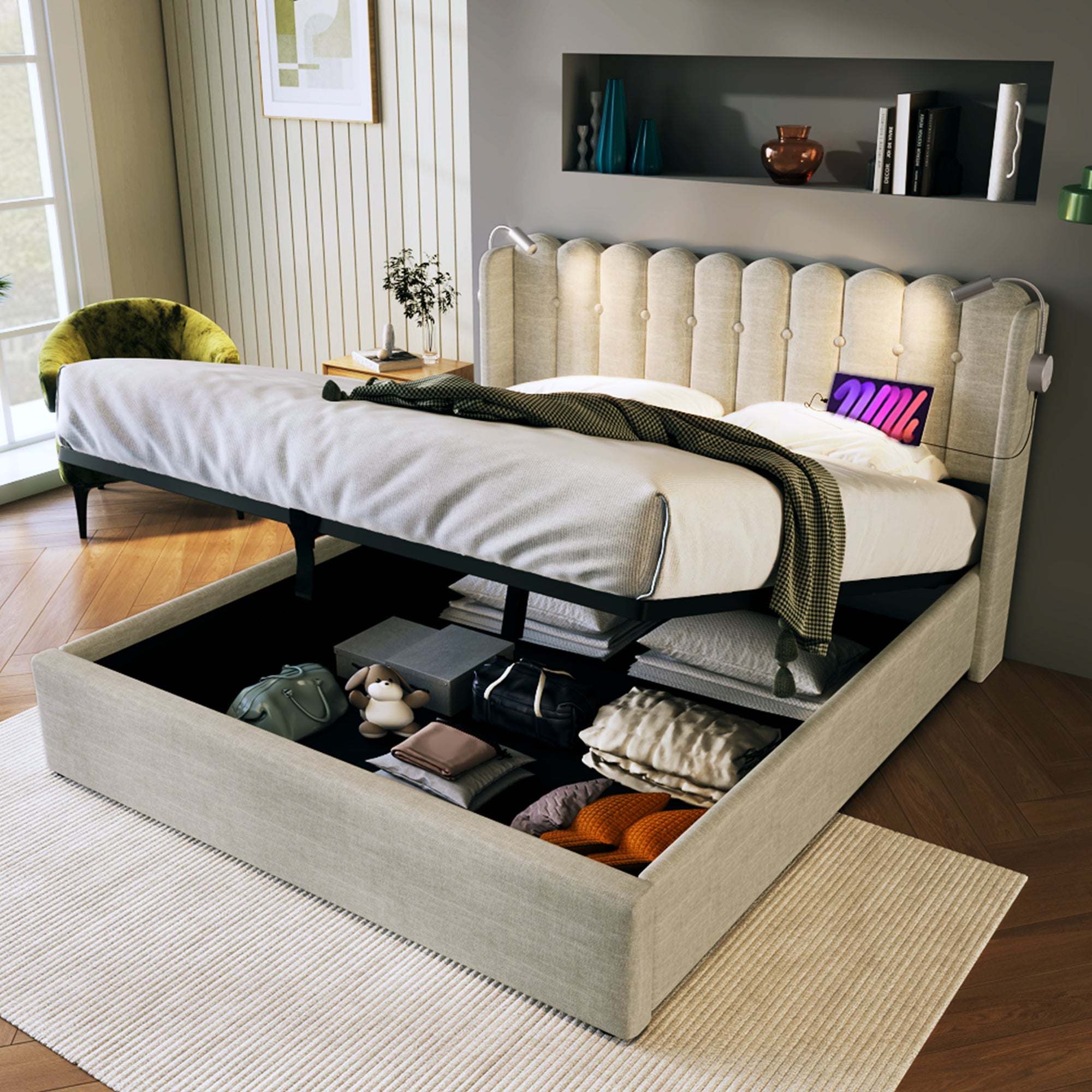 Upholstered Bed Double Bed with Reading Light, Charging, Storage, 140x200, Linen Material, Natural