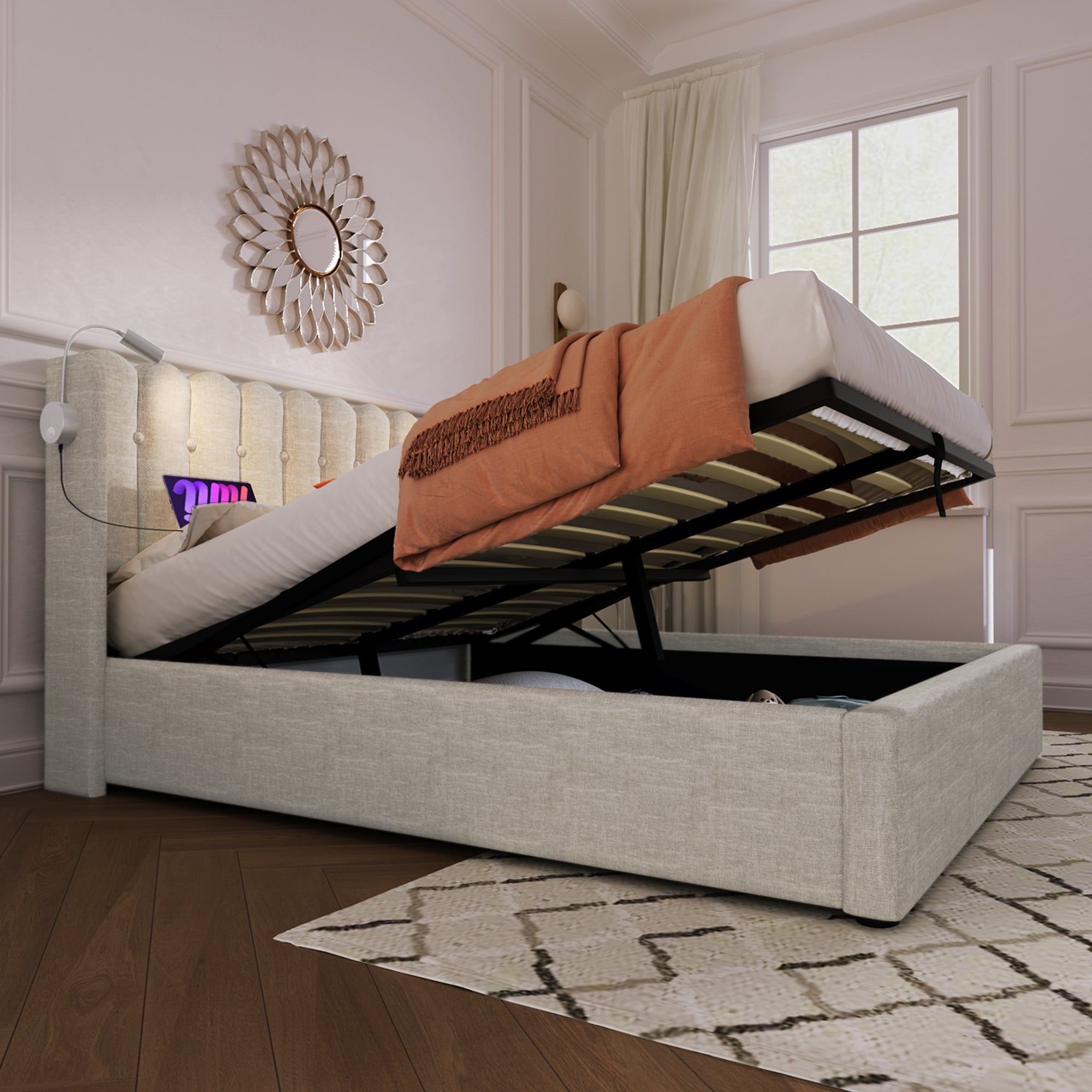 Upholstered Bed, Double with Reading Light, Charging, Headboard Storage, 160x200, Natural Linen