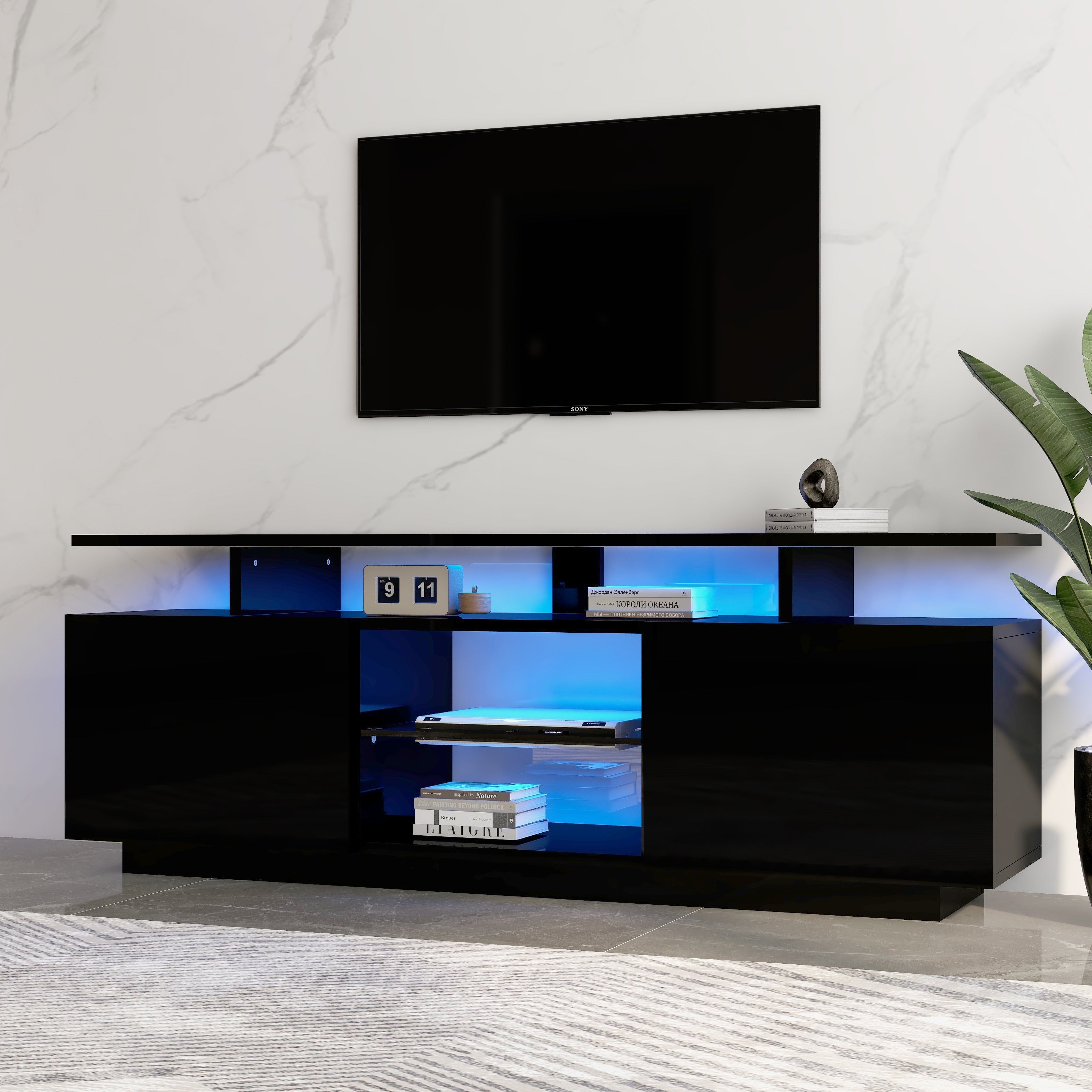 TV Cabinet 140cm 16-Color LED High-Gloss Glass Storage - Black