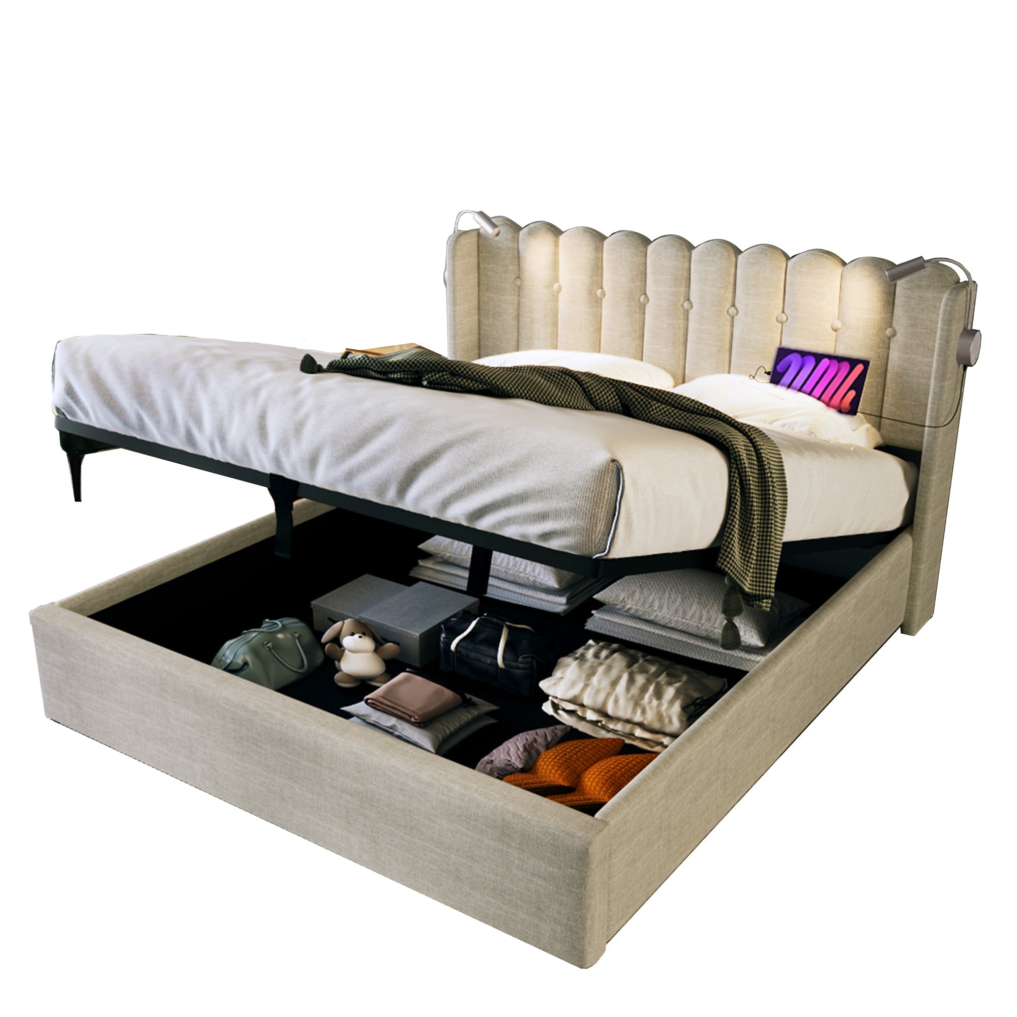 Upholstered Bed, Double with Reading Light, Charging, Headboard Storage, 160x200, Natural Linen