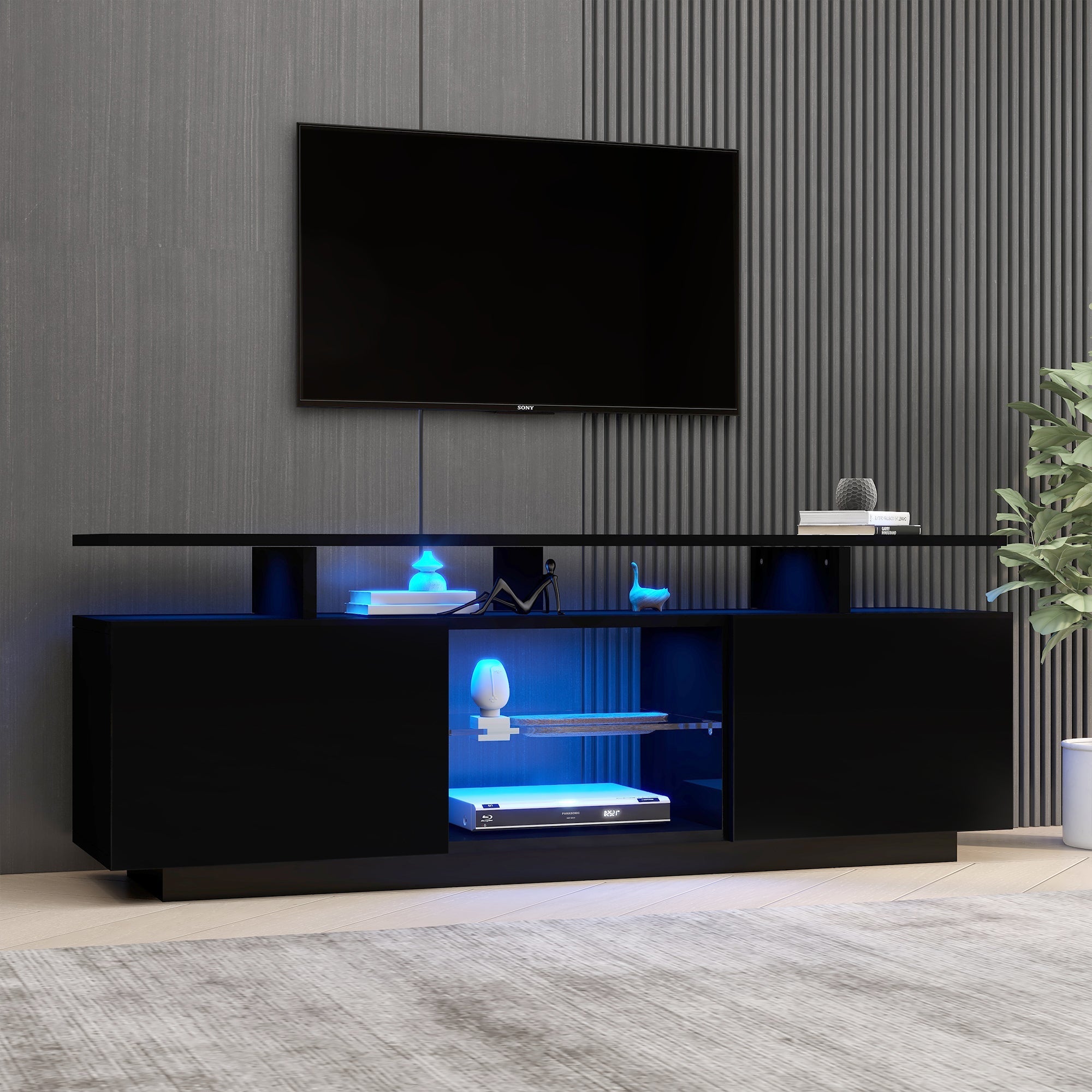 TV Cabinet 140cm 16-Color LED High-Gloss Glass Storage - Black