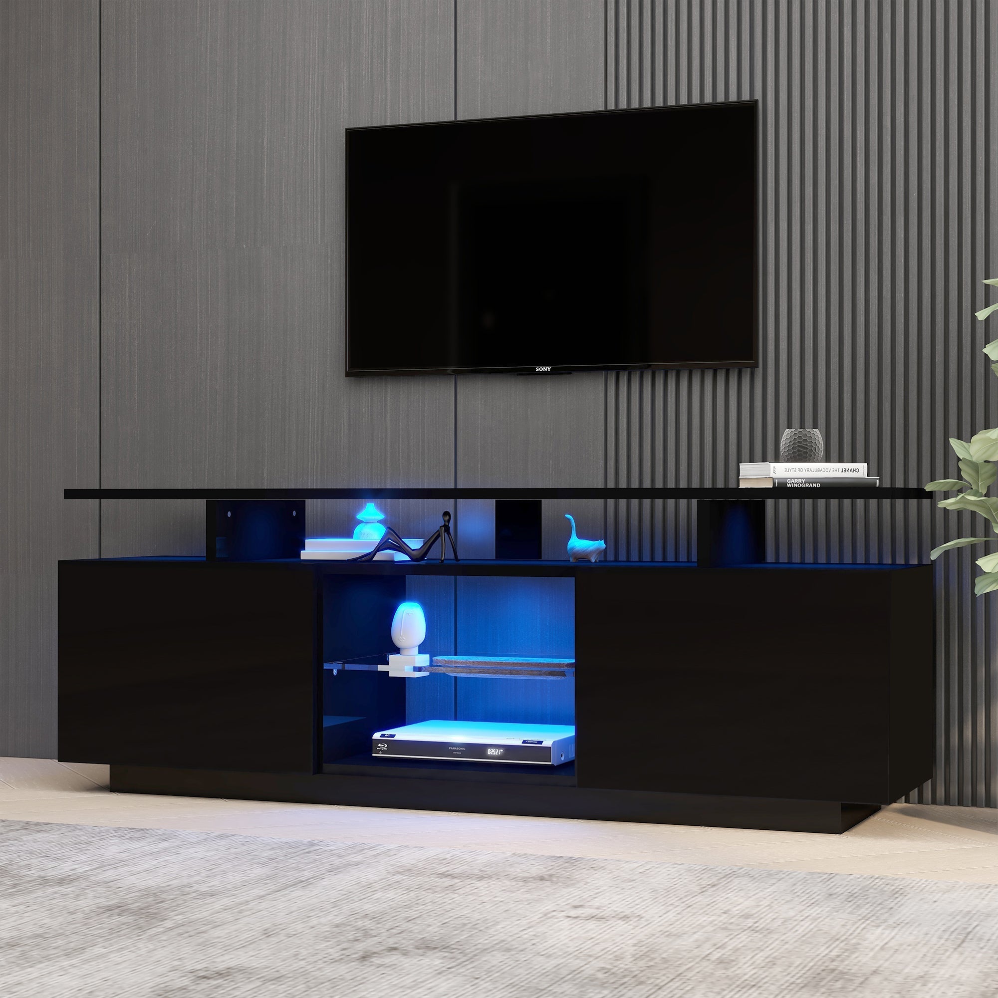 TV Cabinet 140cm 16-Color LED High-Gloss Glass Storage - Black
