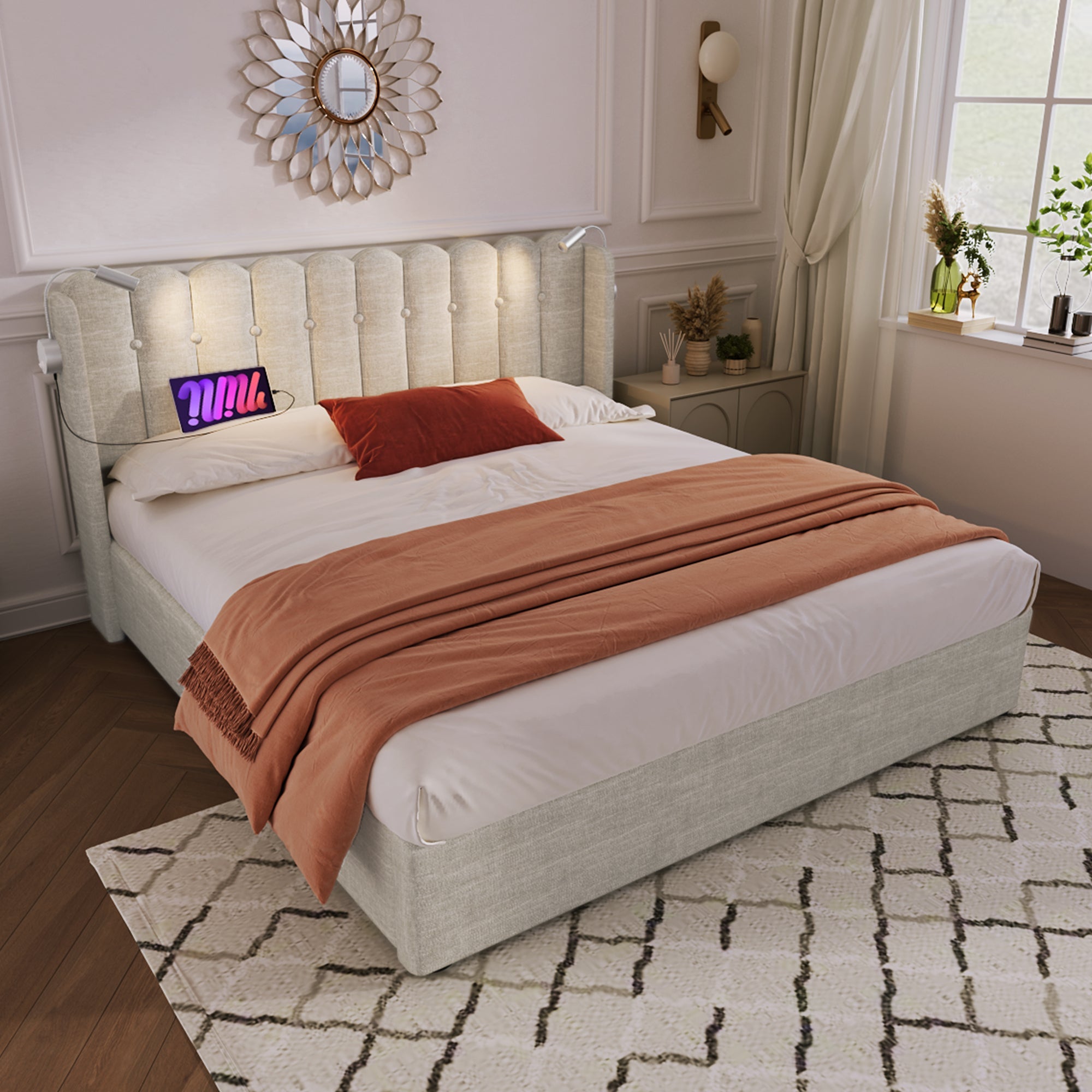 Upholstered Bed Double, Reading Light Storage Headboard, Linen Natural