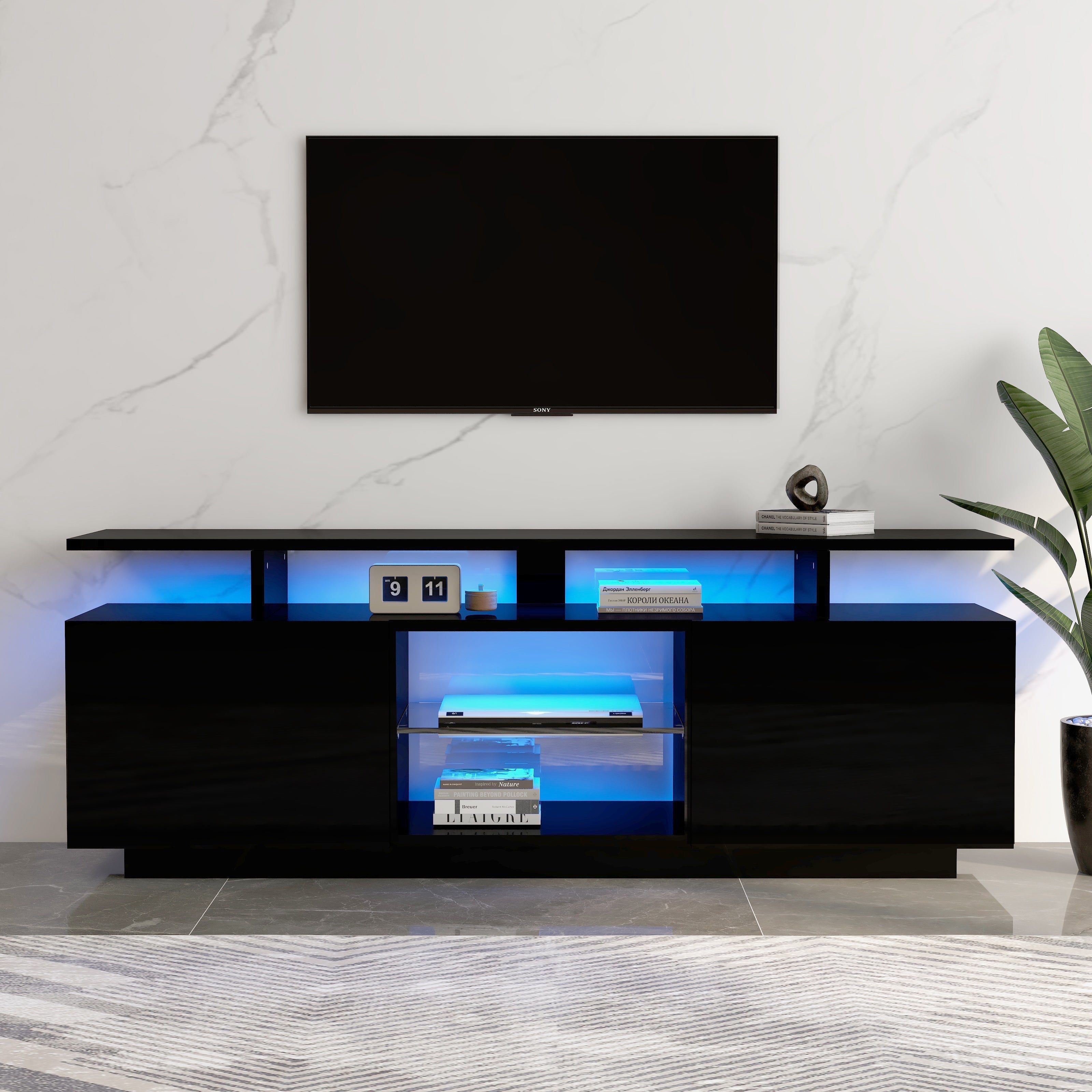 TV Cabinet 140cm 16-Color LED High-Gloss Glass Storage - Black