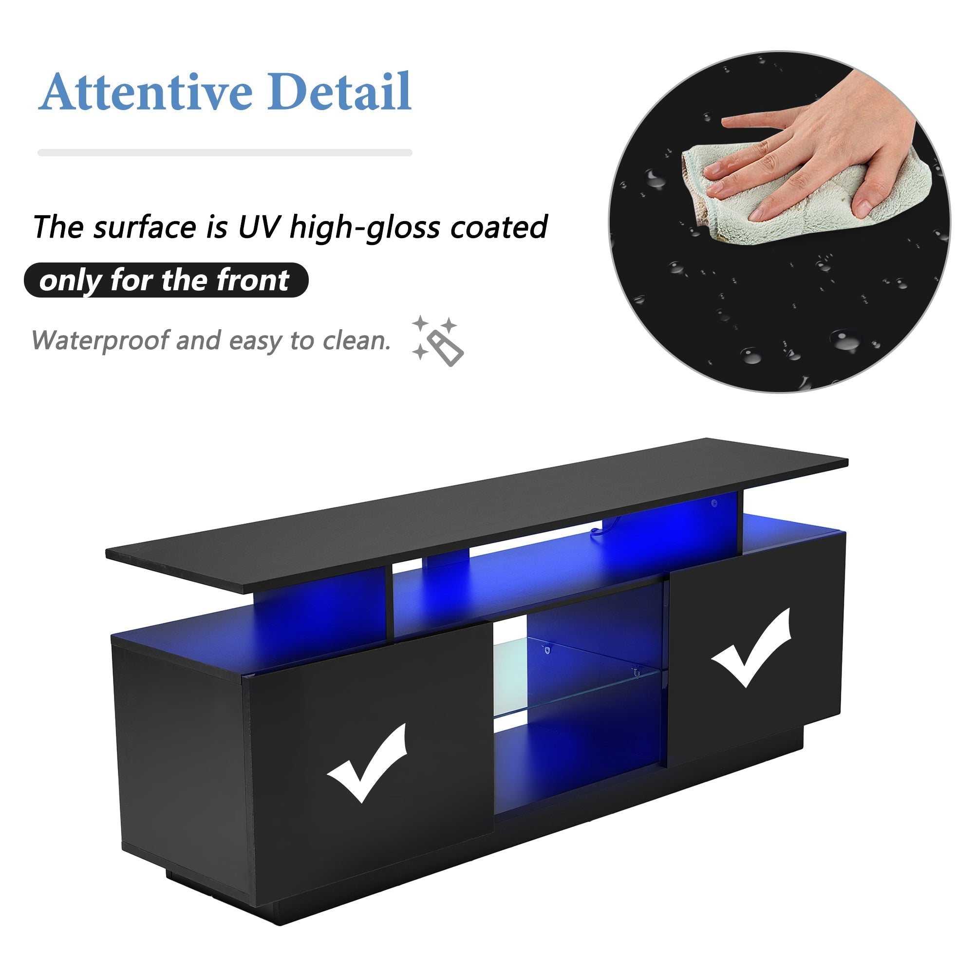 TV Cabinet 140cm 16-Color LED High-Gloss Glass Storage - Black