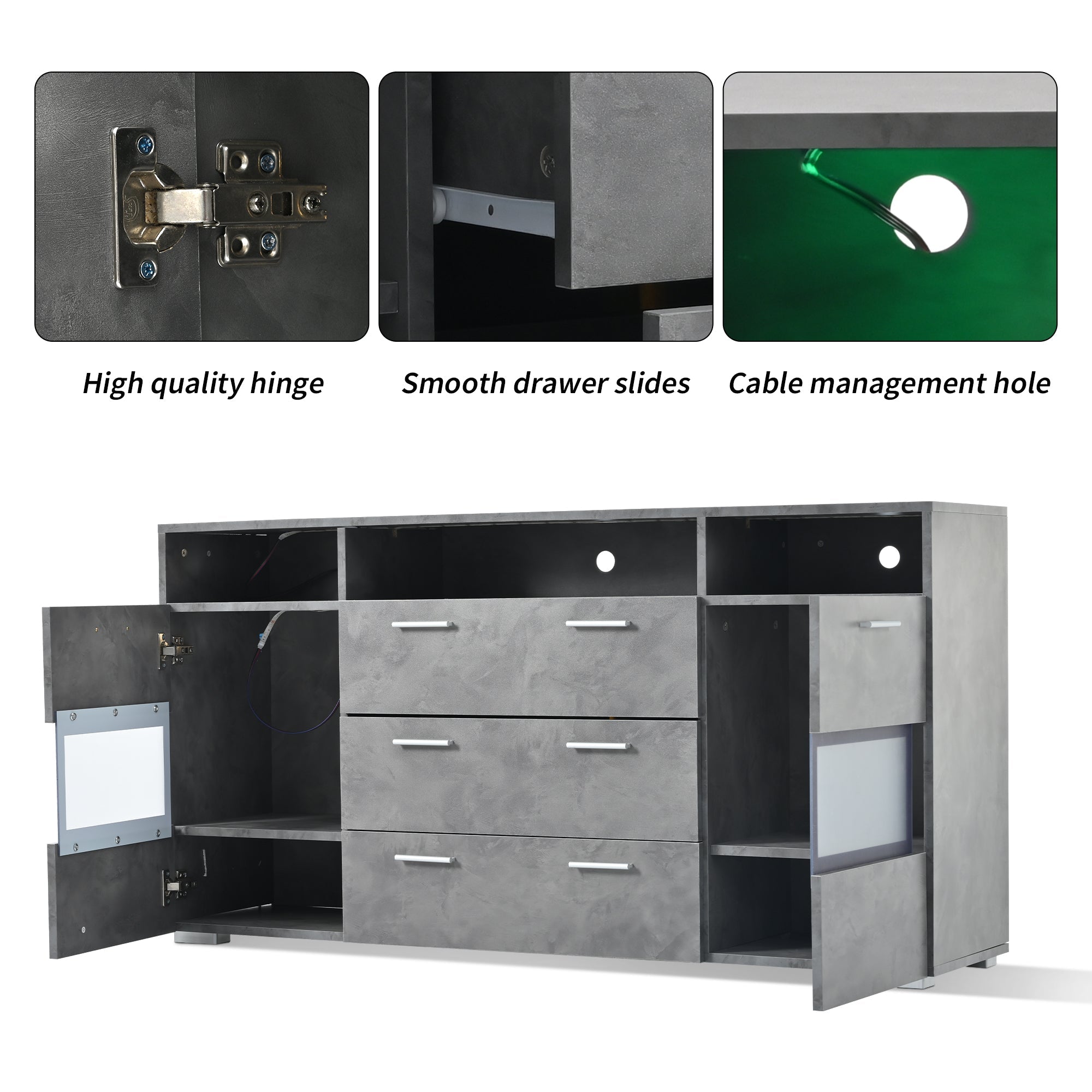 Sideboard 140cm LED 2 Doors 3 Drawers Acrylic Storage - Grey
